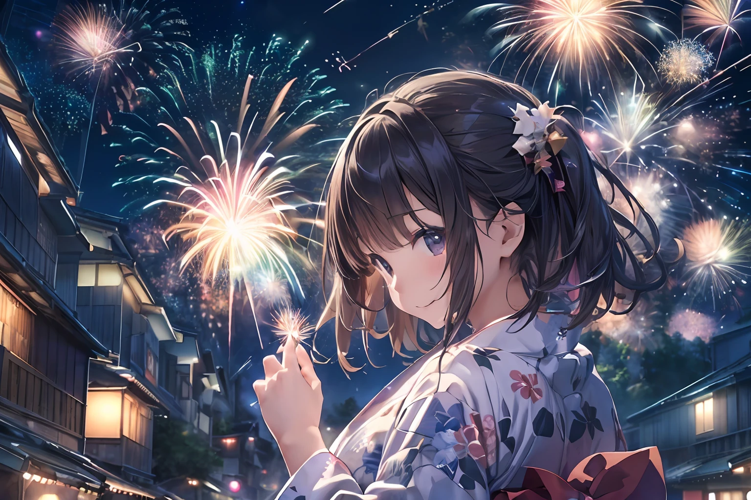 Beautiful Japan girl yukata、(Fireworks in the vast night sky),(top-quality、8K、32K、masterpiece、nffsw:1.3)、(Photorealsitic:1.4)、Raw photography、a smile、Wide Angle、hair adornments,Elegant Pose、skyrocket、Fireworks glare、depth of fields、lensflare、accurate hands