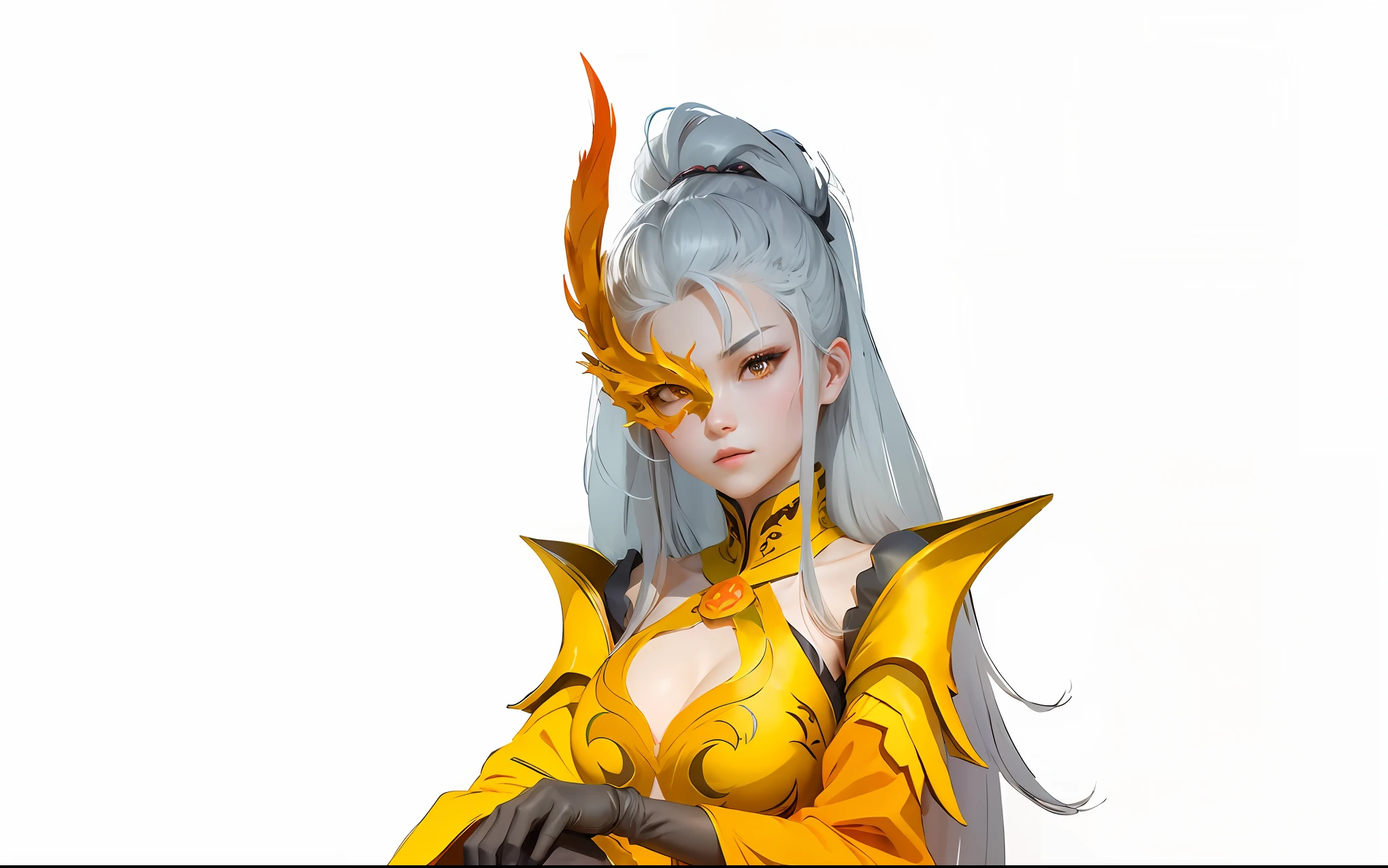 Wear yellow and orange clothing and black gloves, ，The clothes on the chest are decorated with metal phoenixes，Immortal Sword，fenghuang