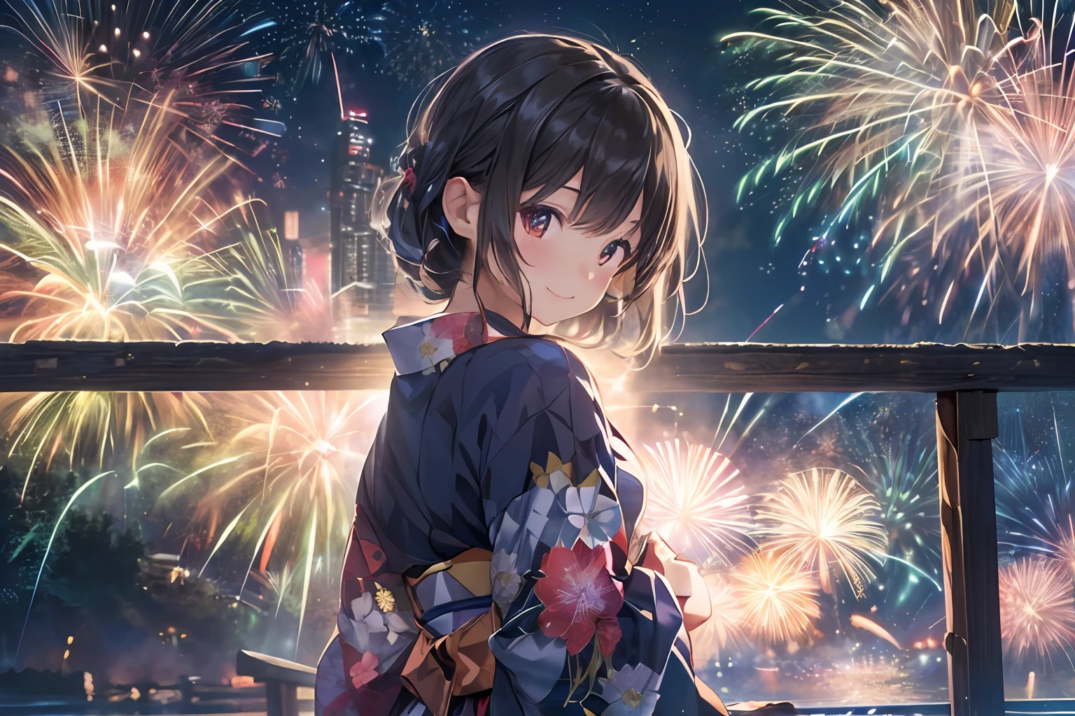 Beautiful Japan girl yukata、(Fireworks in the vast night sky),(top-quality、8K、32K、​masterpiece、nffsw:1.3)、(Photorealsitic:1.4)、Raw photography、a smile、Wide Angle、hair adornments,Elegant Pose、skyrocket、Fireworks glare、depth of fields、lensflare、accurate hands