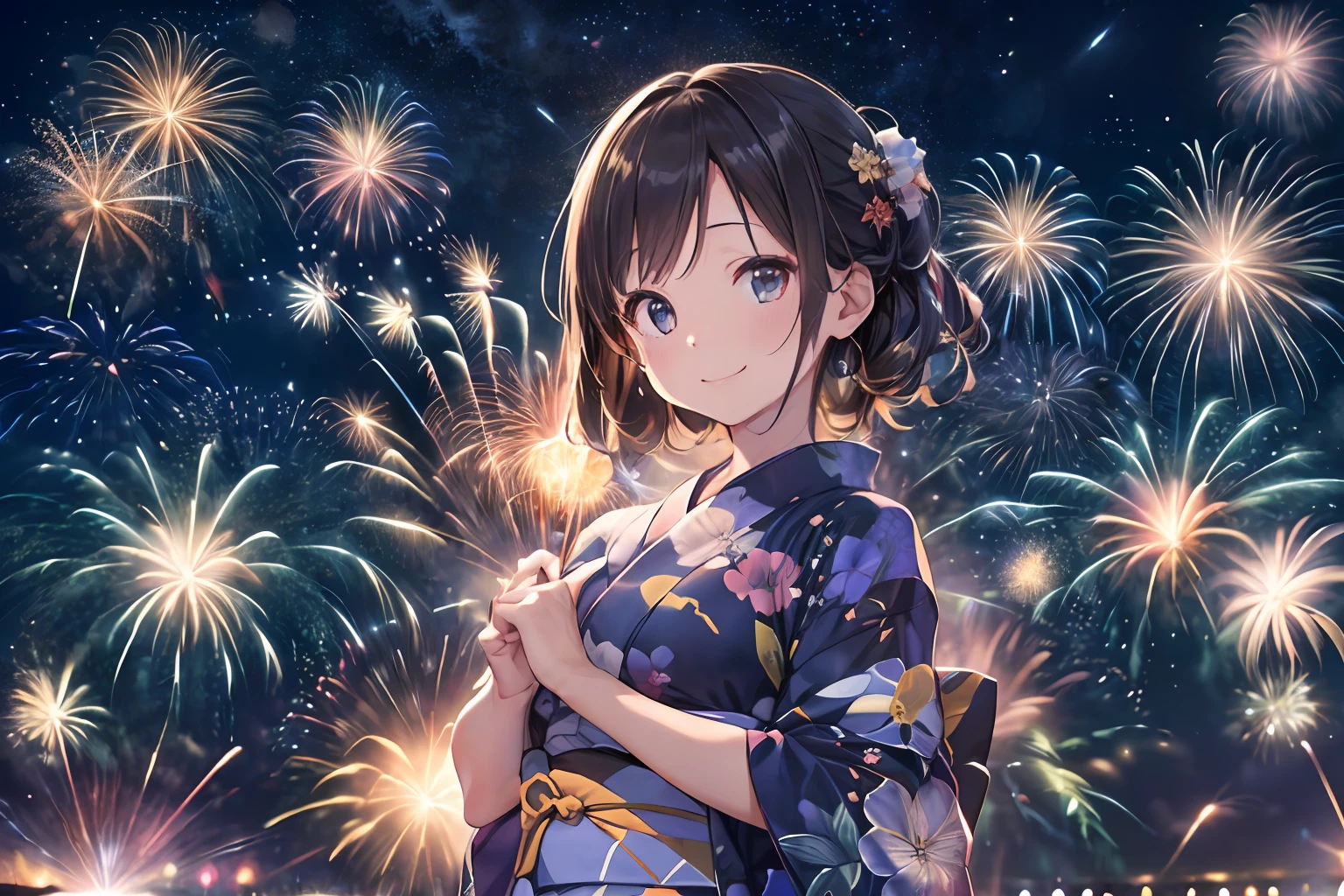 Beautiful Japan girl yukata、(Fireworks in the vast night sky),(top-quality、8K、32K、masterpiece、nffsw:1.3)、(Photorealsitic:1.4)、Raw photography、a smile、Wide Angle、hair adornments,Elegant Pose、skyrocket、Fireworks glare、depth of fields、lensflare、accurate hands