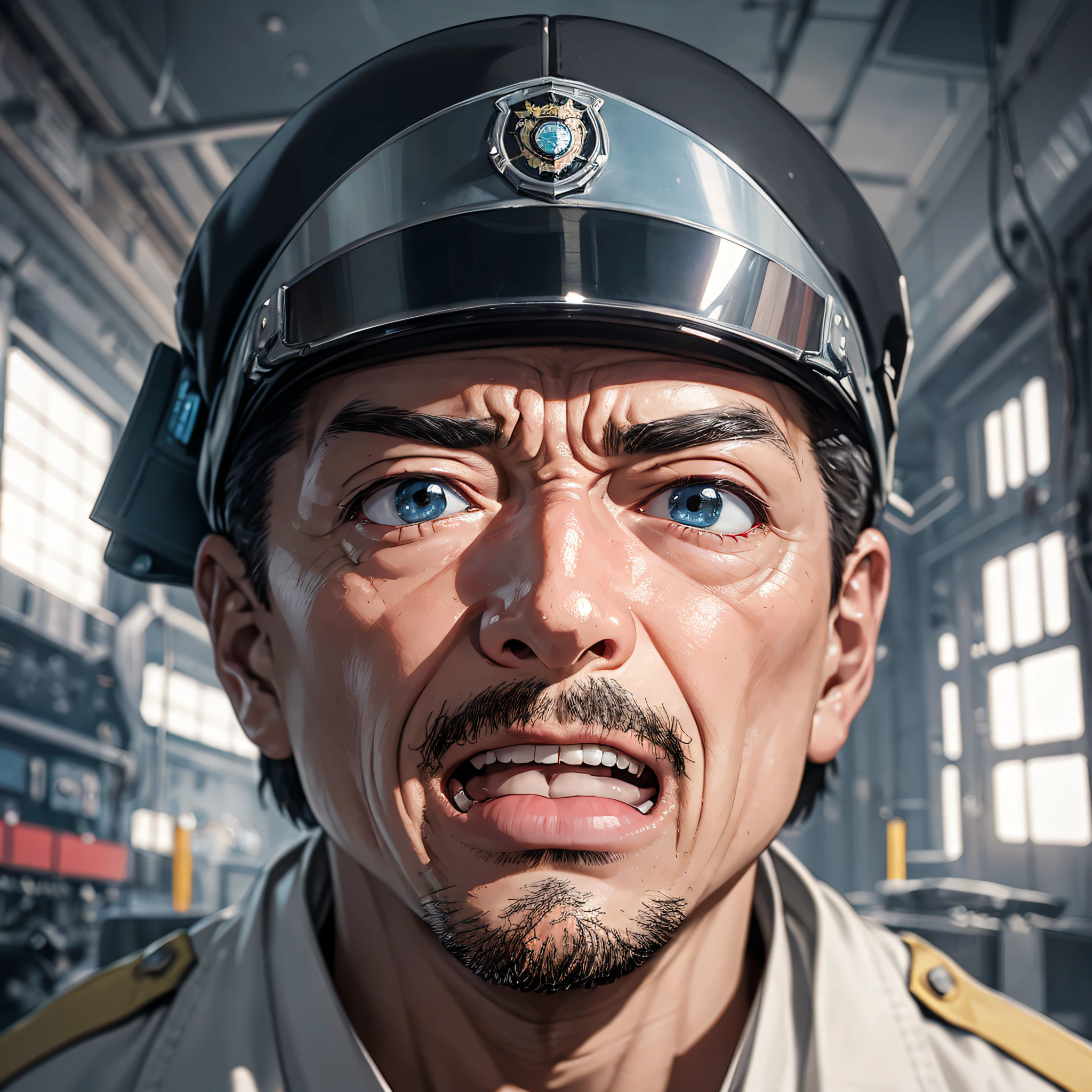 Ridiculous resolution,A high resolution,(tmasterpiece:1.4),Hyper-detailing,Inside the nuclear submarine,Japanese middle-aged male commander,horrified and shocked expression,Open-mouthed