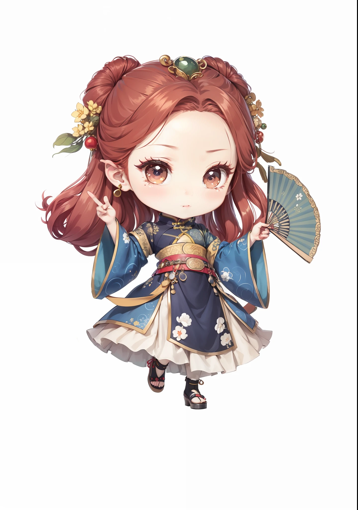 Chibi anime characters,China-style,Chinese-style clothing,Chinese shoes,There are beautiful patterns on the fans,Fine drawing,Fine painting,Refinement,infinite details,high definition detail,Delicate belt,Patterned,Pattern,Blank background,Bright colors,Metal edging