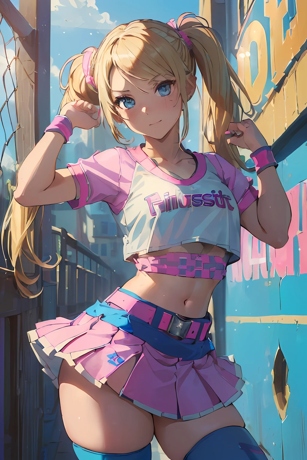 (masterpiece, best quality, highres, absurdres, ultra-detailed:1.3), 1girl, (juliet starling, twintails,cheerleader, crop top, clothes writing, skirt, thighhighs, belt, wristband, midriff, blonde hair, blue eyes:1.3)(school gymnasium, wink, happy),