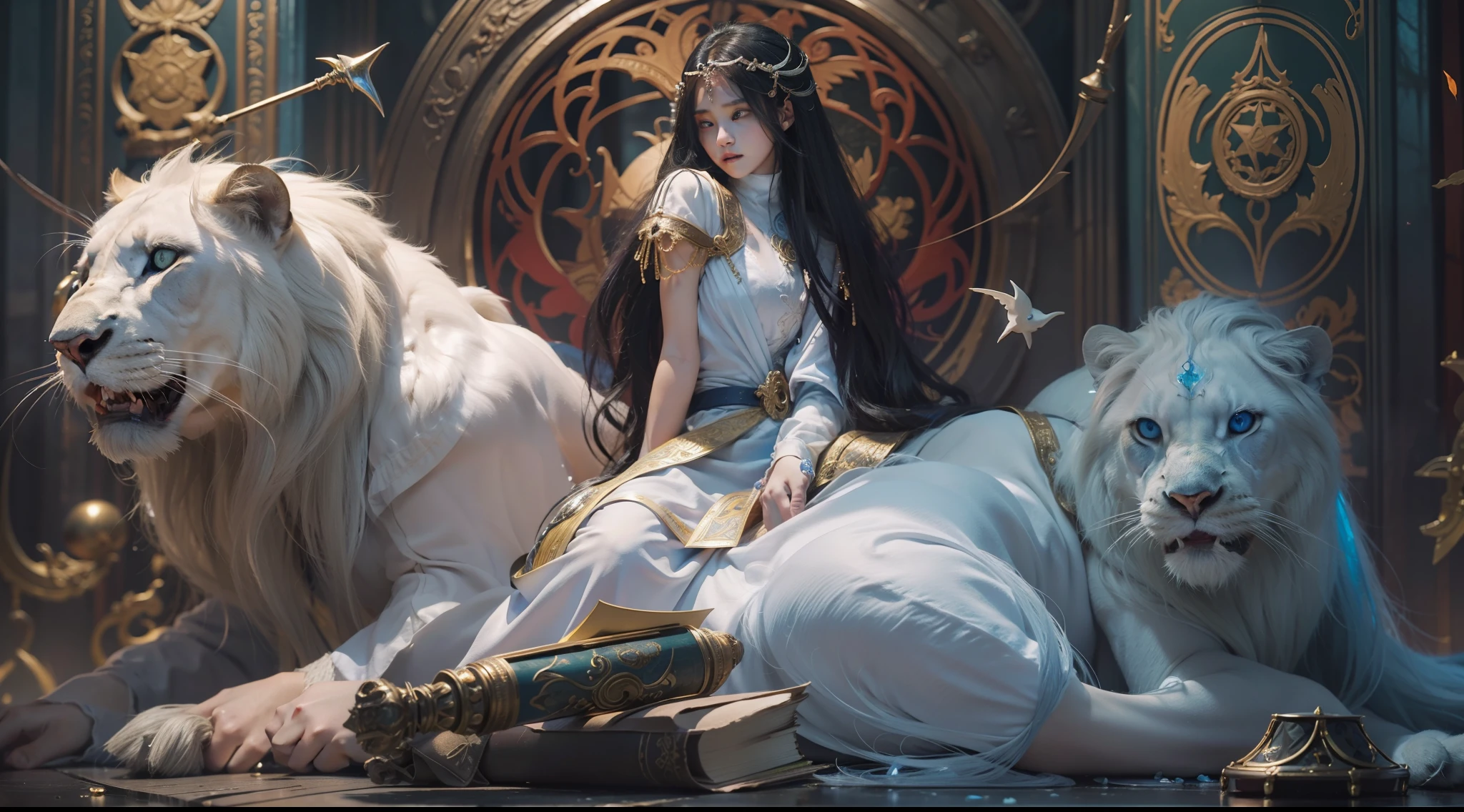 Medieval street corners,Night, Dark, (Fantasy),infinite,deep blue sky,The abyss of knowledge,Cowledge,((masutepiece)), (((Best Quality))),((Beautiful fine eyes)),(Eye lashes)、Very beautiful face、Beautiful girl riding a giant white lion、(1人)、Black hair、The long-haired、abyss eyes、glowy skin、oils、small tits、Perfect human body structure、Wizard robes、tattered cloth、Realistic coat、Tee、Super delicate CG Unity 32k wallpaper、masterpiece, ((ultra-detailliert)), ((illustratio)),colourfull,wall-paper,The energy,Unknown terror,Incomprehensible,Around the magic,Magical surroundings,magic wands,Boken,Flying pages,Know everything,Predict the future、Get to know the past、Infinite wisdom、blue flames、Warlock、magic circles、Pentagram、Spells、mantra、Singing magic