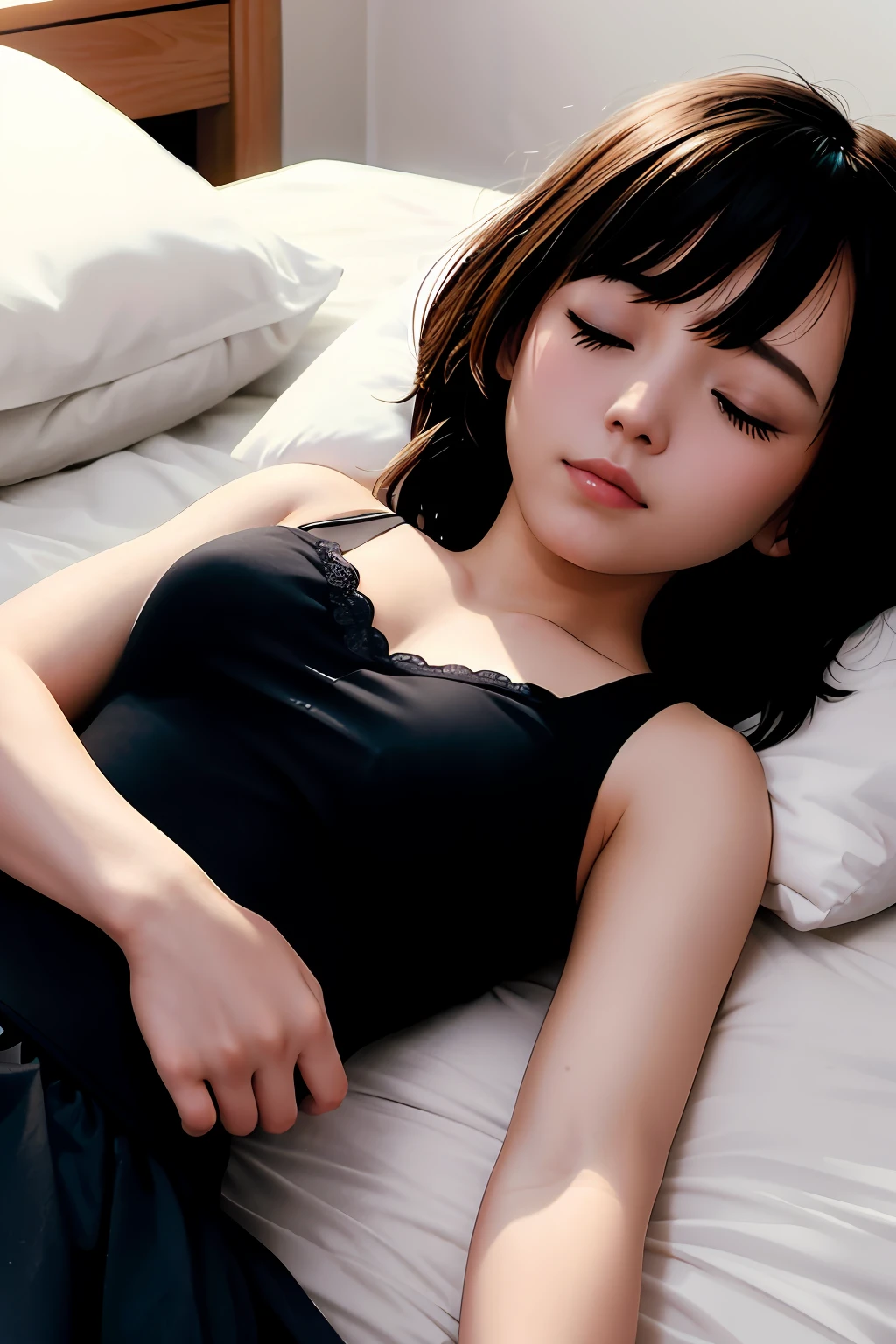 A lying on a bed rests with her eyes closed