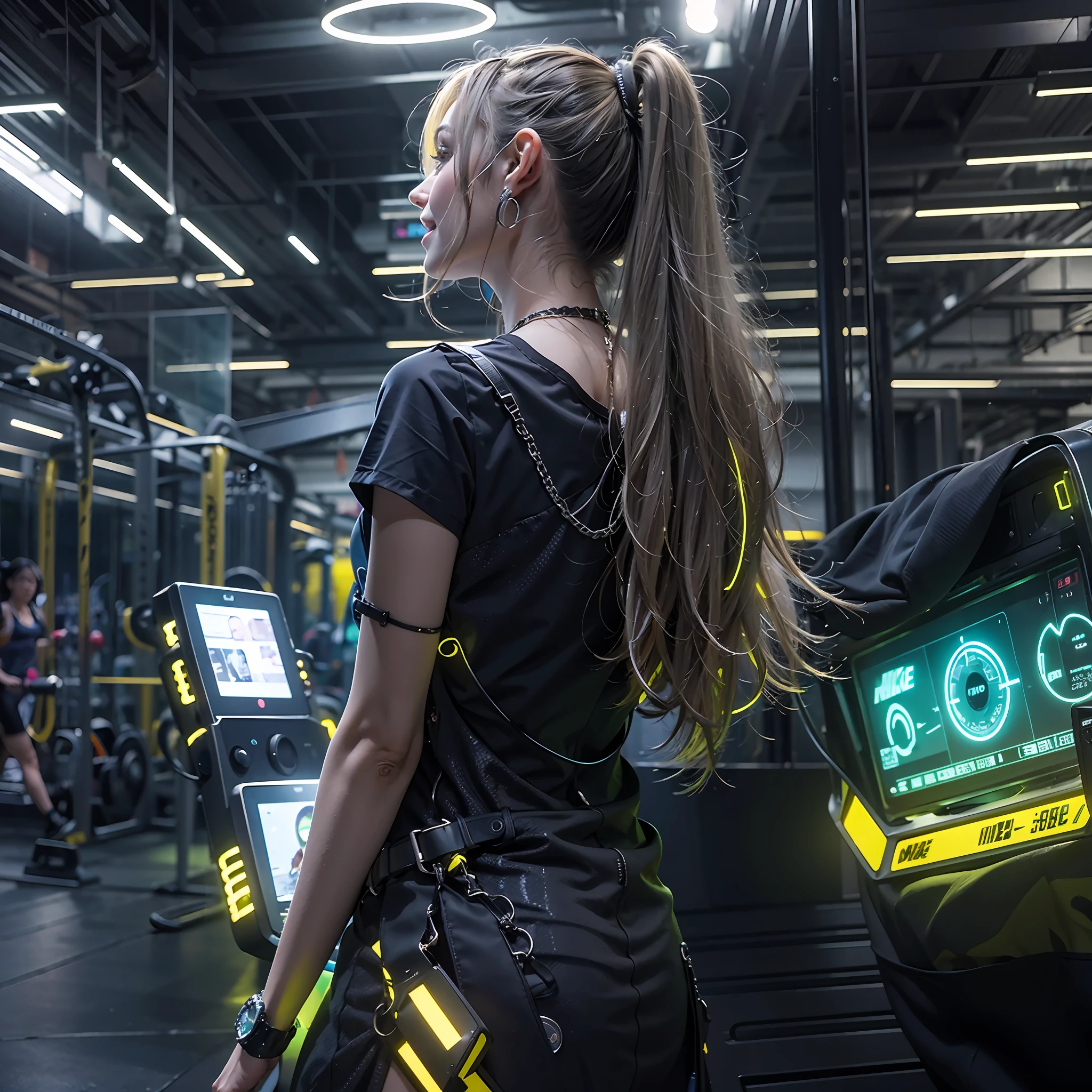 Best quality，tmasterpiece，Ultra-high resolution fills the picture，Indoor at night，Neon lights，Yellow color scheme，Rich yellow,Silver-gray hair，Yellow and white tights，Yellow and white color scheme clothing,the complex background，Weight instruments in the background，High-tech screen in the background，Lateral face，Smiling，Dress less，There are fitness elements in the rear，nike，nike,nike,Tech gym，Perfect makeup，Love eyes，8K quality，Cyberpunk，sense of science and technology，Character backlighting，rim-light，Movement changes，Flowing hairstyle，Loose hairstyle,The number of fingers is refined，6 avatar diagrams，Luminous stud earrings，Luminous digital necklace，Electronic digital watches，The most beautiful girl in mankind，Delicate close-up of the face，Realistic image quality，Super light and shadow，Very good figure，Meticulous，Arrow symbol，Brand sense，English slogan neon，Runway lights，Fitness gym at night