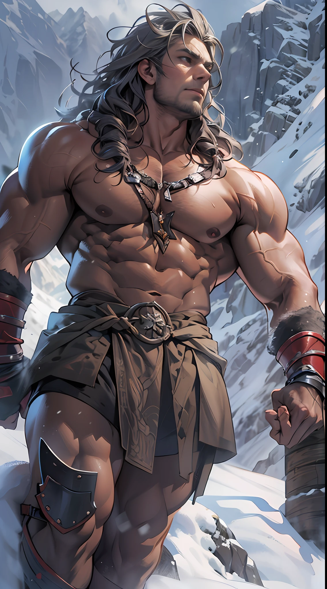 Mighty warrior, shirtless upper body, legs exposed from thighs to feet, cascading long curls, detailed muscular physique, lifelike depiction, 4K resolution. Background: Snow-covered mountain peak,32k uhd, best quality, masterpiece, super detail, high details