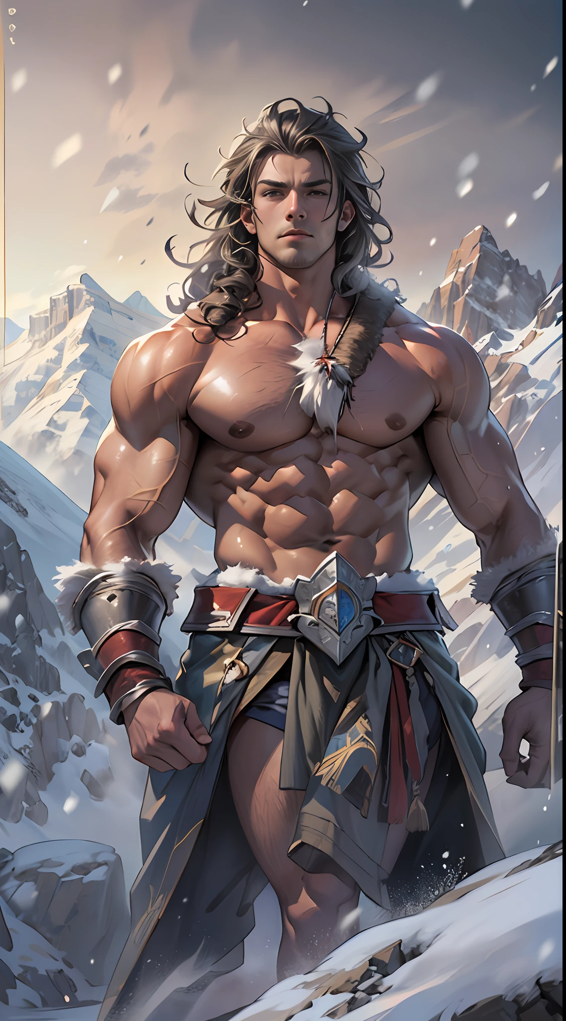 Mighty warrior, shirtless upper body, legs exposed from thighs to feet, cascading long curls, detailed muscular physique, lifelike depiction, 4K resolution. Background: Snow-covered mountain peak,32k uhd, best quality, masterpiece, super detail, high details