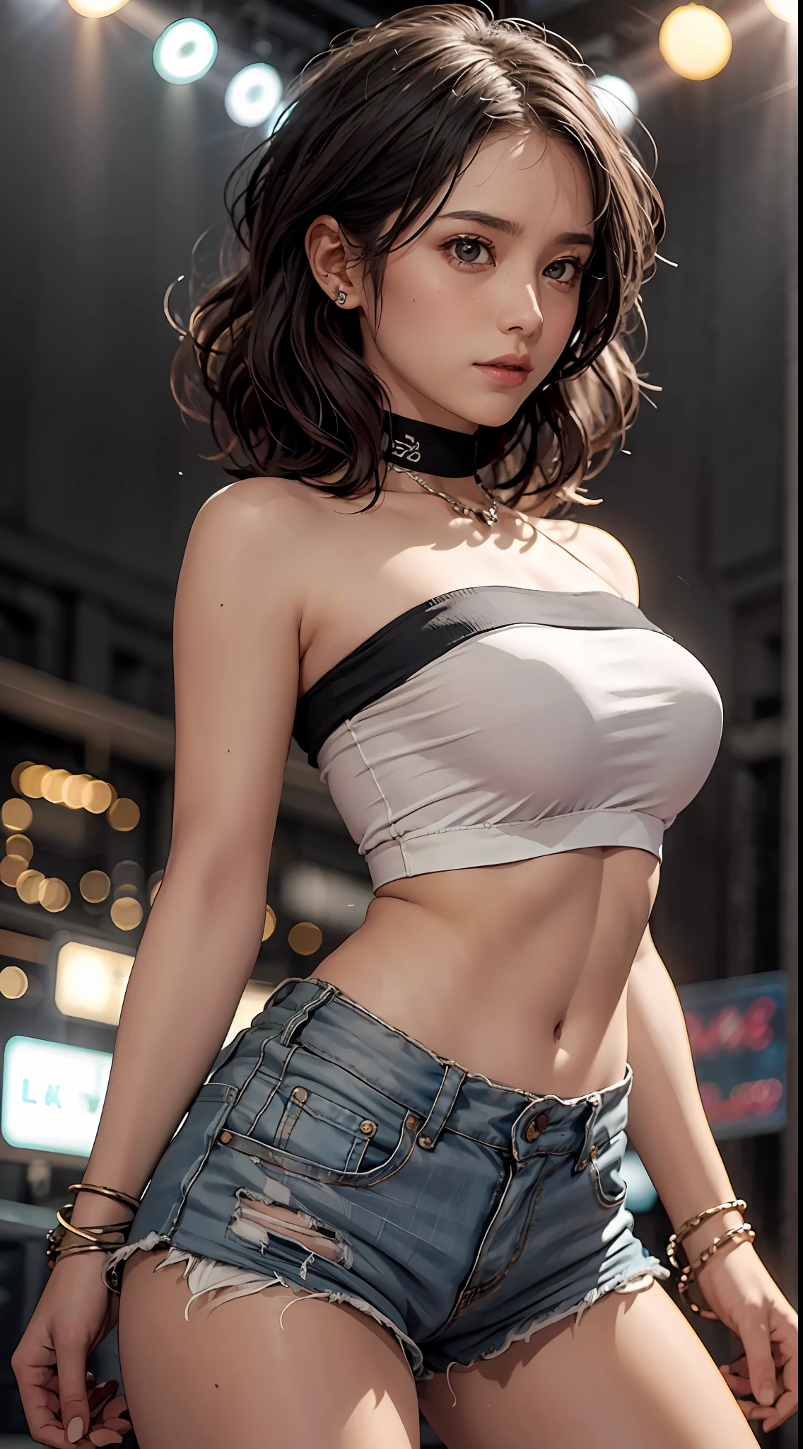 una chica, discoteca, wearing a bandeau top and toned shorts that accentuate her legs. senos grandes 1.4, The rays of light from the LED screens and stage create a cinematic lighting effect, Hacer que la escena parezca una obra maestra. Su piel es perfecta y su cabello corto es de color rojizo, Adding to the vibrant atmosphere of the nightclub. The camera focuses your whole body, que es tonificado y resaltado por rayos de luz. GPT-3 high-resolution lens flare and textures.5