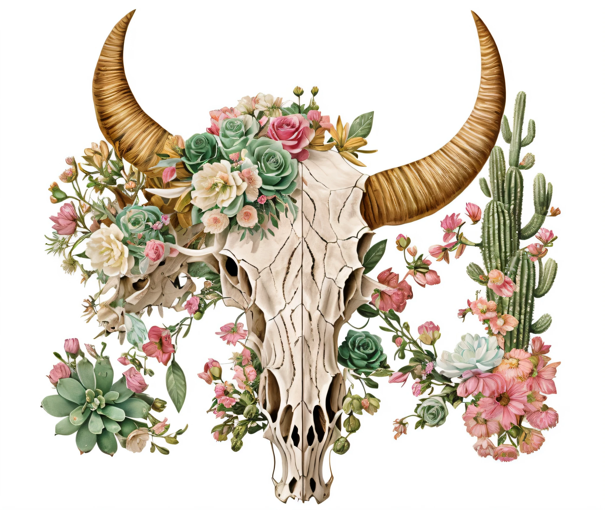 Close-up of cow skull with flowers and cactus, Cow skull, detailed digital illustration, desertpunk, animal skull, detailed digital artwork, girl design lush horns, Old West, Western clothing, Desert flowers, detailed digital drawing, detailed vectorart, full color digital illustration, Digital illustration, by Linda Sutton, Ram skull, skull, drawn with photoshop,Vintage illustration,Retro,Graphic illustration,planar