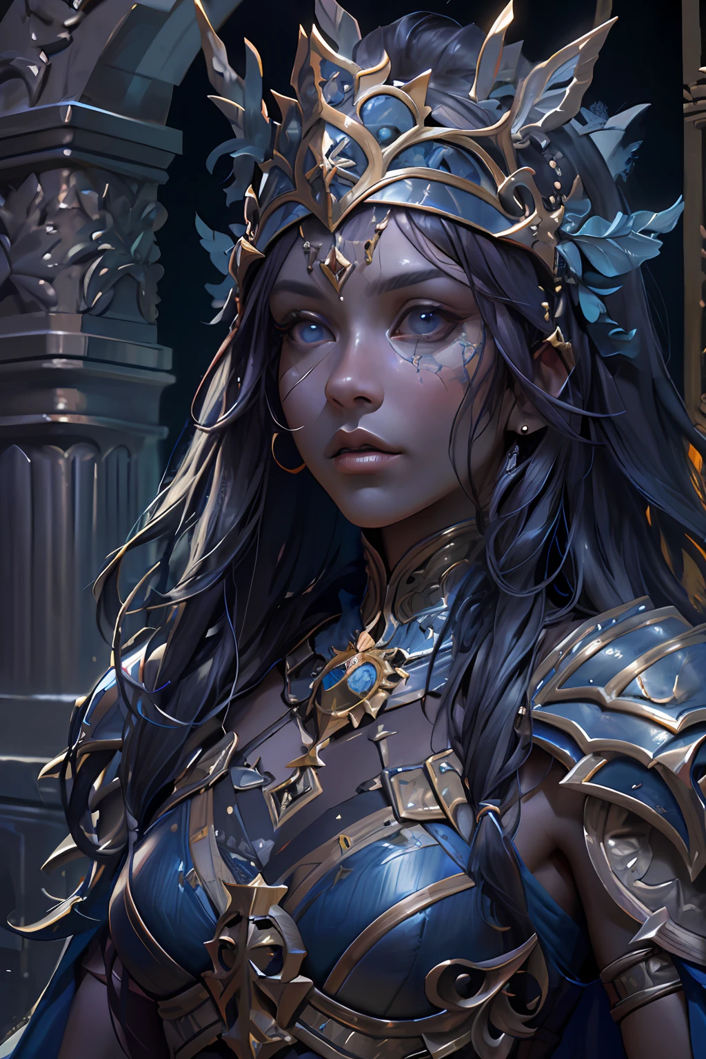 arafed, high details, best quality, 8k, [ultra detailed], masterpiece, best quality, (extremely detailed), dynamic angle, ultra wide shot, RAW, photorealistic, fantasy art, dnd art, rpg art, realistic art, a picture of female human holy warrior,  warrior of god, full body, ultra detailed face (1.5) [[anatomically correct]] dynamic position (1.5 intricate details, Masterpiece, best quality) in dark fantasy cemetery (1.5 intricate details, Masterpiece, best quality), woman wearing bright armor, heavy armor (1.4 intricate details, Masterpiece, best quality), armed with epic sword, epic holy sword, radiant sword, sword sheds bright ligh(1.3, masterpiece), purple cloak (1.3, masterpiece) holy symbol with [bright aura] (1.4), long hair, dark skin, dark hair, green eyes intense eyes, dark cemetery background (1.5 intricate details, Masterpiece, best quality) dread atmosphere (1.6),  god rays, divine rays (1.4 intricate details, Masterpiece, best quality), dynamic angle, (1.4 intricate details, Masterpiece, best quality) 3D rendering, high details, best quality, highres, ultra wide angle@EG1