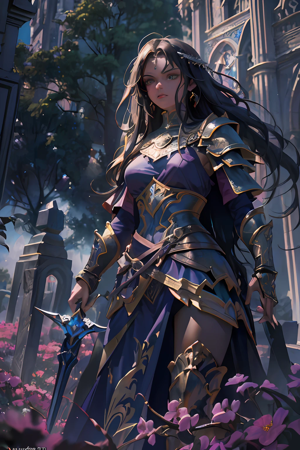 arafed, high details, best quality, 8k, [ultra detailed], masterpiece, best quality, (extremely detailed), dynamic angle, ultra wide shot, RAW, photorealistic, fantasy art, dnd art, rpg art, realistic art, a picture of female human holy warrior,  warrior of god, full body, ultra detailed face (1.5) [[anatomically correct]] dynamic position (1.5 intricate details, Masterpiece, best quality) in dark fantasy cemetery (1.5 intricate details, Masterpiece, best quality), woman wearing bright armor, heavy armor (1.4 intricate details, Masterpiece, best quality), armed with epic sword, epic holy sword, radiant sword, sword sheds bright ligh(1.3, masterpiece), purple cloak (1.3, masterpiece) holy symbol with [bright aura] (1.4), long hair, dark skin, dark hair, green eyes intense eyes, dark cemetery background (1.5 intricate details, Masterpiece, best quality) dread atmosphere (1.6),  god rays, divine rays (1.4 intricate details, Masterpiece, best quality), dynamic angle, (1.4 intricate details, Masterpiece, best quality) 3D rendering, high details, best quality, highres, ultra wide angle@EG1