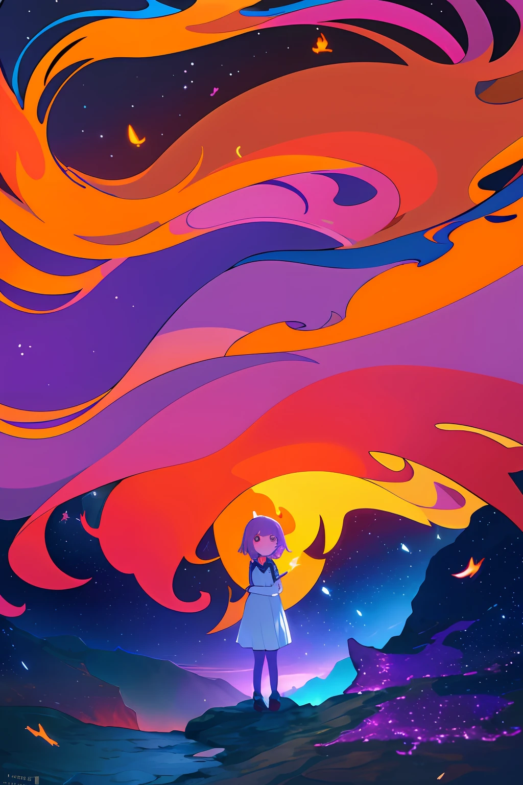 Vast landscape photos、(View from below with a view of the sky and the wilderness below)、Little girl standing on the moon and looking up at the earth、(fullmoon:1.2)、(shooting stars:0.9)、(nebulas:1.3)、mountain in the distance、Tree BREAK Production Art、(Warm color Light Source:1.2)、(fireflys:1.2)、abajour、Purple and orange、intricate detailes、Volume Lighting BREAK (masterpiece:1.2)、(top-quality)、4k、ultra-detailliert、(The composition of the movement:1.4)、Highly detailed and colorful details(Irridescent color:1.2)、(glowing lighting、Atmospheric illumination)、dream-like、Magical、(独奏:1.2)