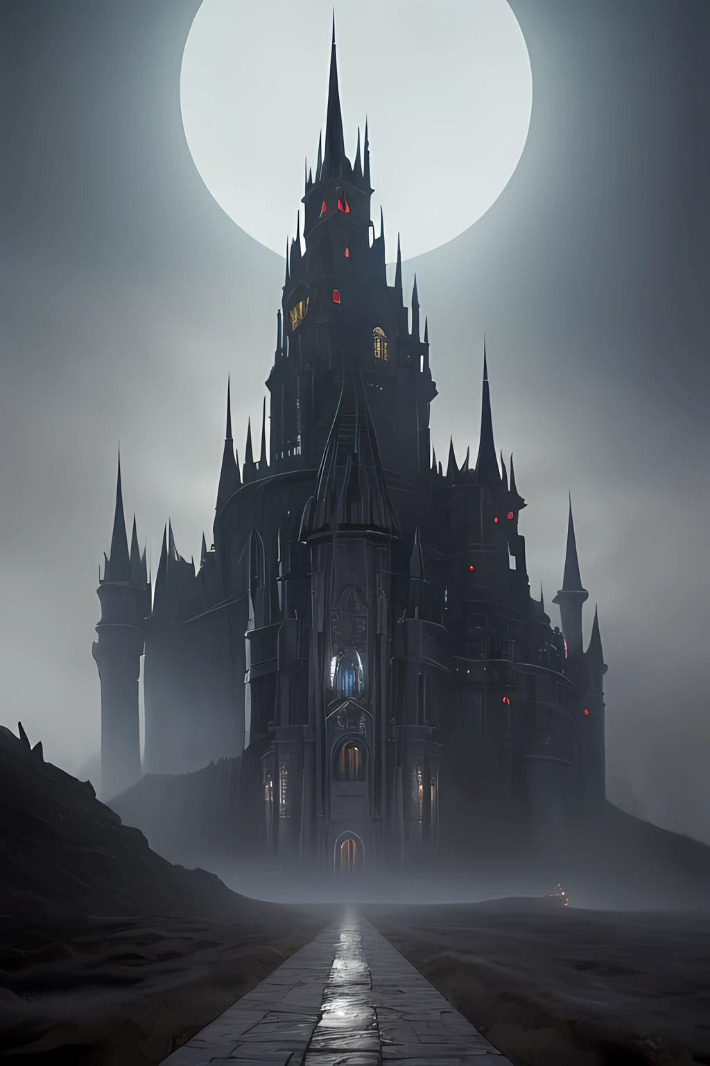 Illustration of dark fantasy castle, road of the rings, elden ring, black majestic fantasy fortress under a pale moon engulfed in arcane fog trails in the style of marcin rubinkowski, greg rutkowski, lorenzo lanfranconi, oleg zherebin, trending on artstation, ultra wide angle