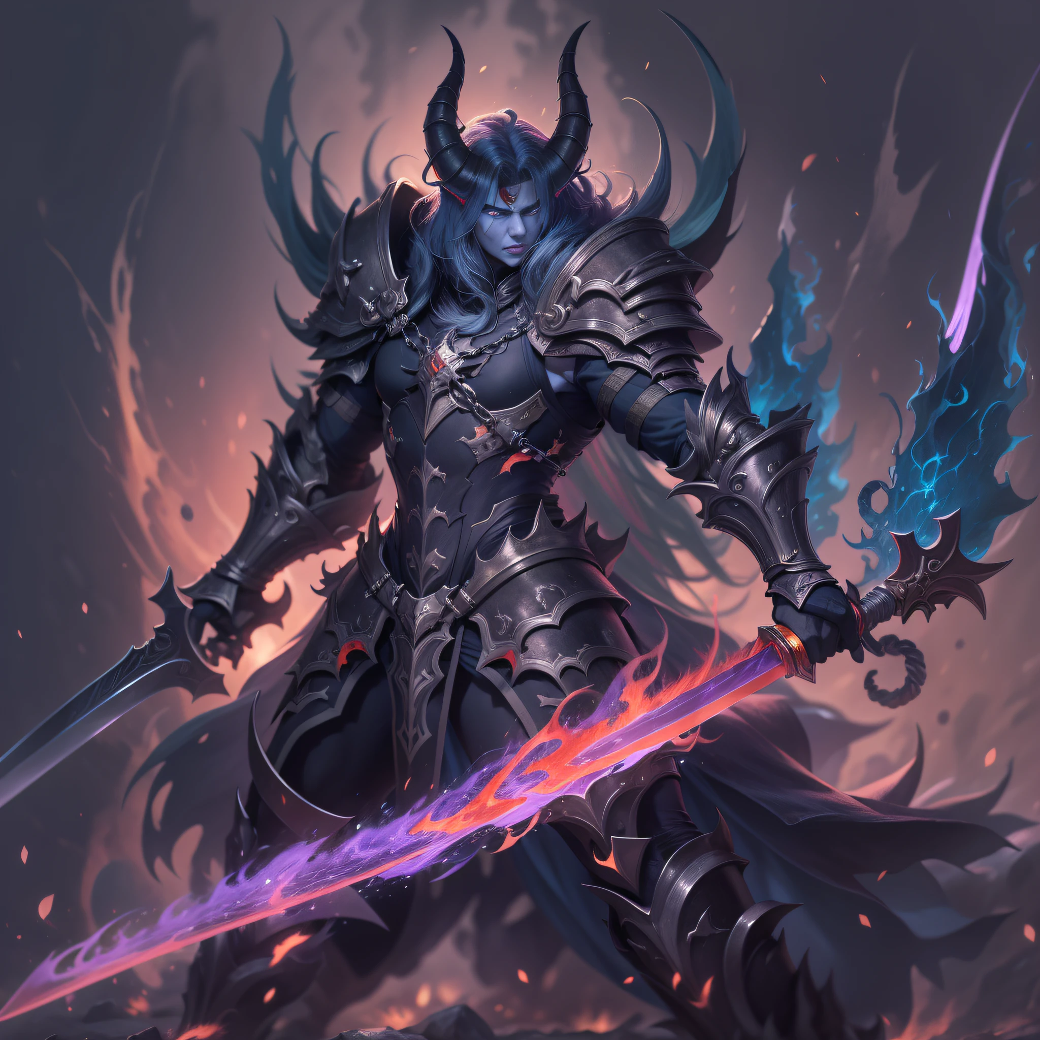 best qualtiy,Game character design,Character styling design,(Legends and stories),Hell Lord,(Demon God),has horns on its head,(Anime epic artwork),Tall,(Body 1.2),Wearing purple scale armor,holding a large sword,Fierce and fierce,(Oil painting 1.2),Flames in the background night,Ionic rendering,super detailing,detailed anime character art