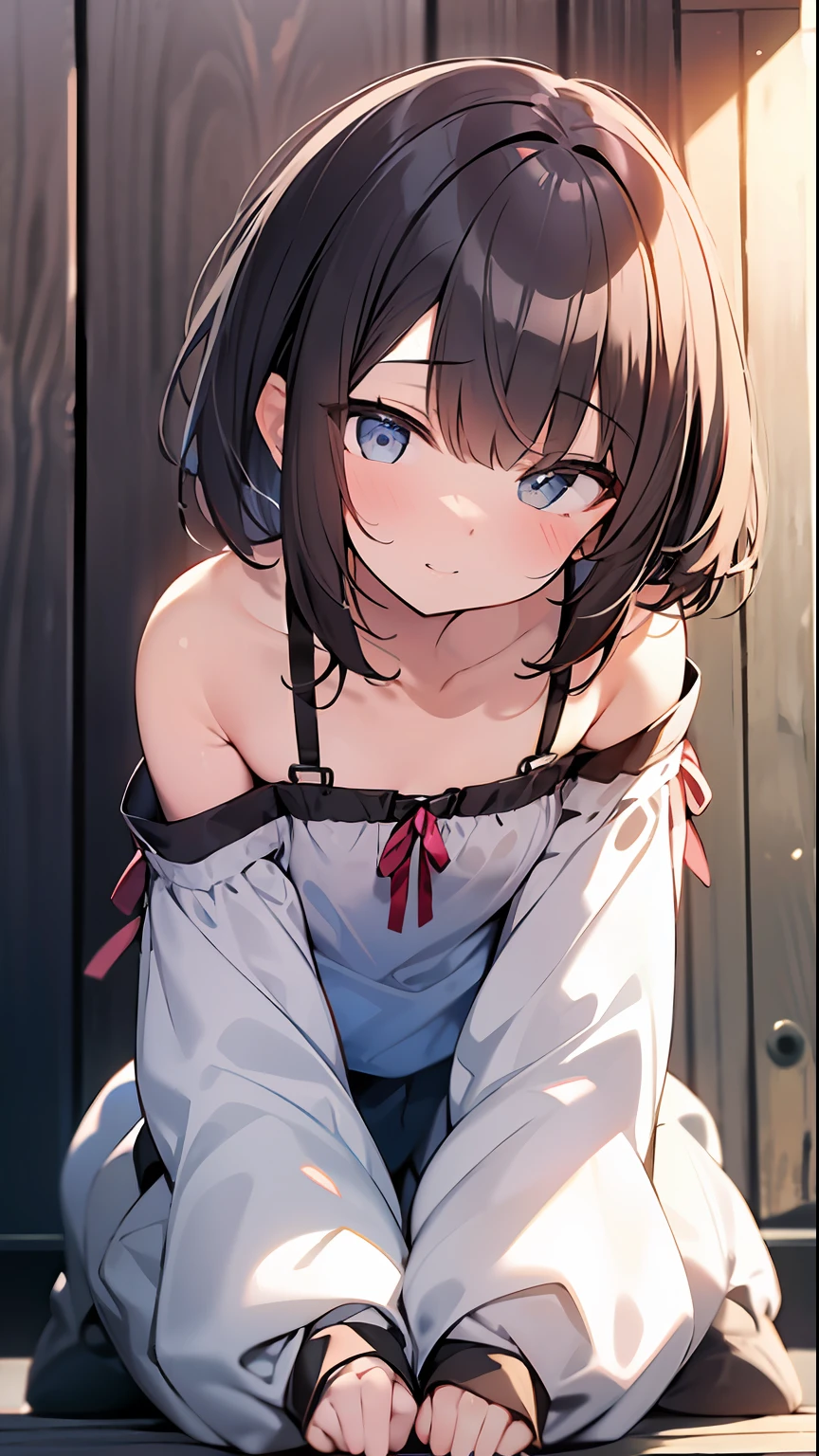 (top-quality、32K image quality、masterpiece、nffsw:1.2)、a cute loli、Medium short hair、short braiding、beauitful face、(Slouched:1.3)、at the sunset、crouching down、(From above:1.3)、(a closeup:1.4)、small curvy loli、((You can see the chest))、Bust Up Perspective、Loose baggy T-shirt、(beautiful nipple slips:0.9)、outside of house、the wind、shinny skin、blurry backround