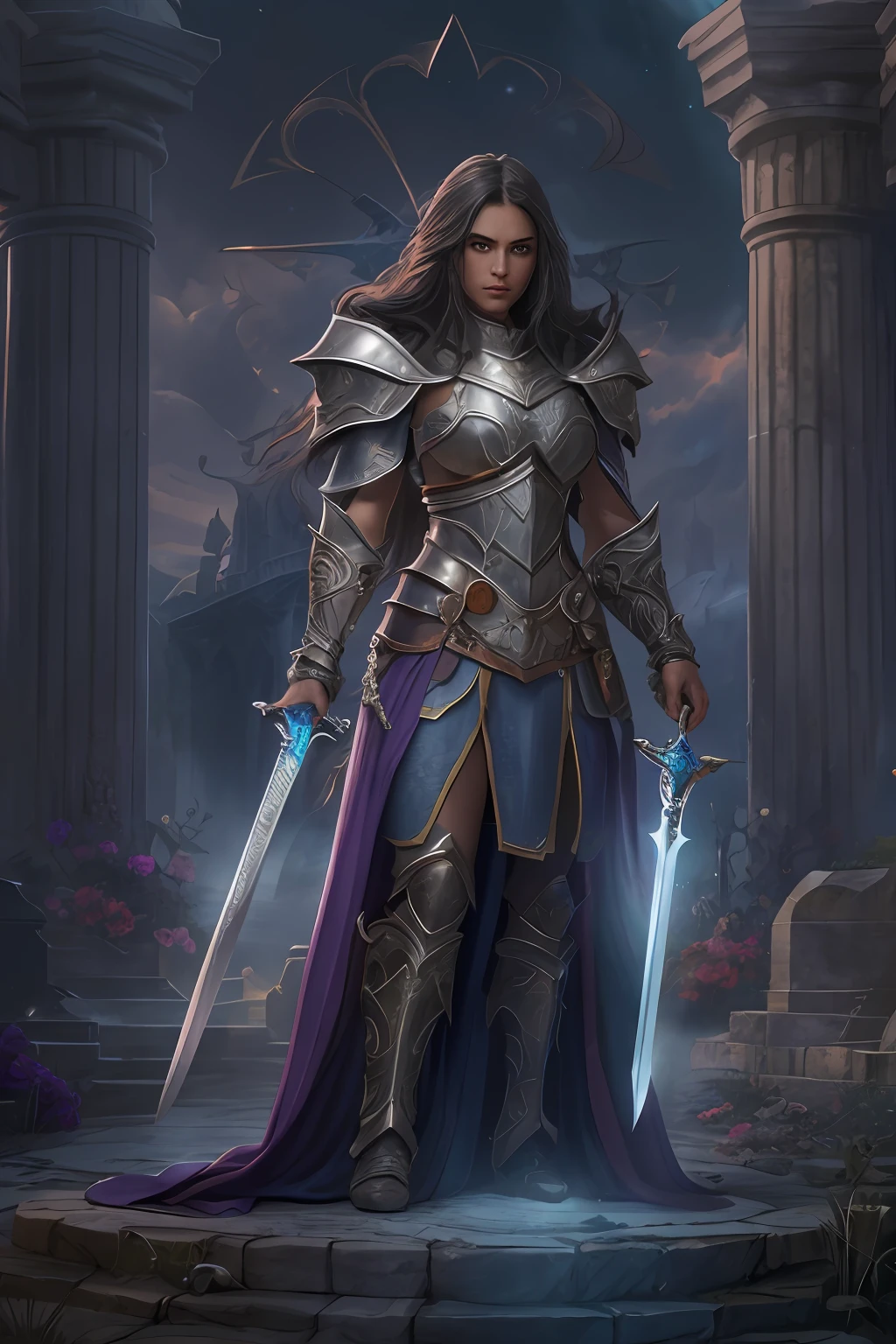 arafed, high details, best quality, 8k, [ultra detailed], masterpiece, best quality, (extremely detailed), dynamic angle, ultra wide shot, RAW, photorealistic, fantasy art, dnd art, rpg art, realistic art, a picture of  female human holy warrior,  warrior of god, full body, ultra detailed face [[anatomically correct]] dynamic position (1.5 intricate details, Masterpiece, best quality) in dark fantasy cemetery (1.5 intricate details, Masterpiece, best quality), woman wearing bright armor, heavy armor (1.4 intricate details, Masterpiece, best quality), armed with radiant sword (1.3, masterpiece), purple cloak (1.3, masterpiece) holy symbol with [bright aura] (1.4), long hair, dark hair, green eyes intense eyes, dark cemetery background (1.5 intricate details, Masterpiece, best quality) dread atmosphere (1.6),  dawn light, divine rays (1.4 intricate details, Masterpiece, best quality), dynamic angle, (1.4 intricate details, Masterpiece, best quality) 3D rendering, high details, best quality, highres, ultra wide angle@EG1