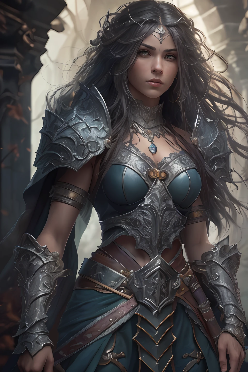 arafed, high details, best quality, 8k, [ultra detailed], masterpiece, best quality, (extremely detailed), dynamic angle, ultra wide shot, RAW, photorealistic, fantasy art, dnd art, rpg art, realistic art, a picture of  epic fantasy paladin woman holy warrior,  warrior of god, full body, ultra detailed face [[anatomically correct]] dynamic position (1.5 intricate details, Masterpiece, best quality) in dark fantasy cemetery (1.5 intricate details, Masterpiece, best quality), woman wearing bright armor, heavy armor (1.4 intricate details, Masterpiece, best quality), armed with epic sword, epic holy sword, radiant sword, sword sheds bright ligh(1.3, masterpiece), purple cloak (1.3, masterpiece) holy symbol with [bright aura] (1.4), long hair, dark hair, green eyes intense eyes, dark cemetery background (1.5 intricate details, Masterpiece, best quality) dread atmosphere (1.6),  god rays, divine rays (1.4 intricate details, Masterpiece, best quality), dynamic angle, (1.4 intricate details, Masterpiece, best quality) 3D rendering, high details, best quality, highres, ultra wide angle@EG1