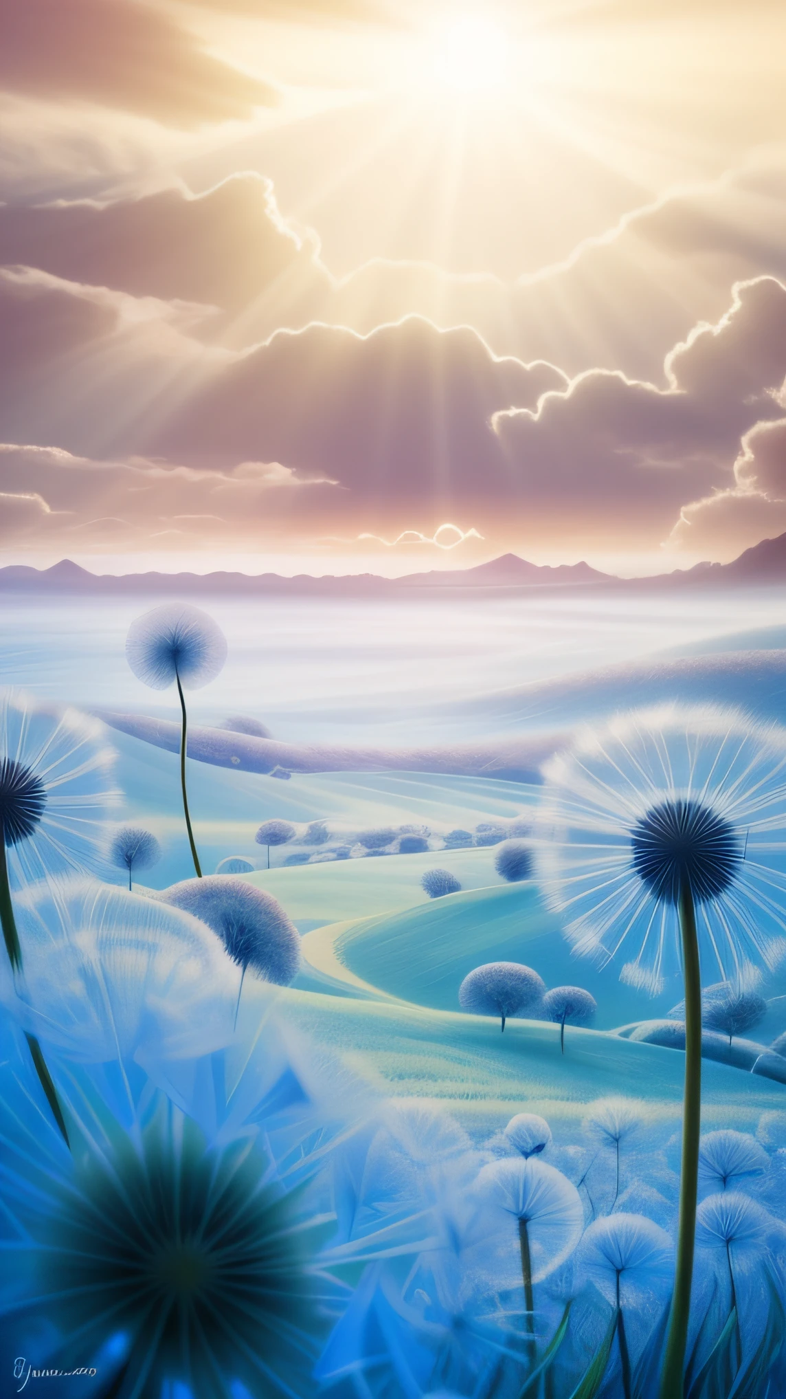 There is a picture of a beautiful landscape，There are dandelions in the foreground, a surreal dream landscape, in a surreal dream landscape, surreal dream landscape, epic dreamlike fantasy landscape, ethereal landscape, surreal dreamscape, surreal waiizi flowers, Dreamy landscape, mystical fantasy landscape, The wind blows through the dandelion, fantasy sea landscape, surreal frozen landscape, dream landscape, Surreal background