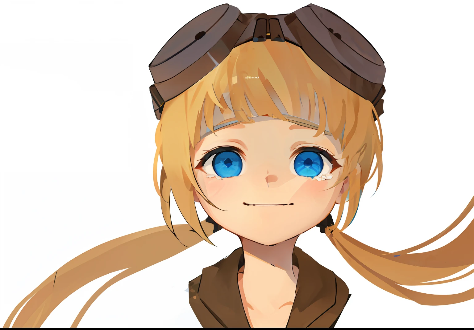 1 girl, Baby face, Blue eyes, Double yellow ponytail, Brown jacket, Goggles on the pilot's head, A tearful expression of happiness, double tails, bangs, goggles, goggles on head, low twin braids, letterboxed, Close-up, 4K, High quality, Best quality