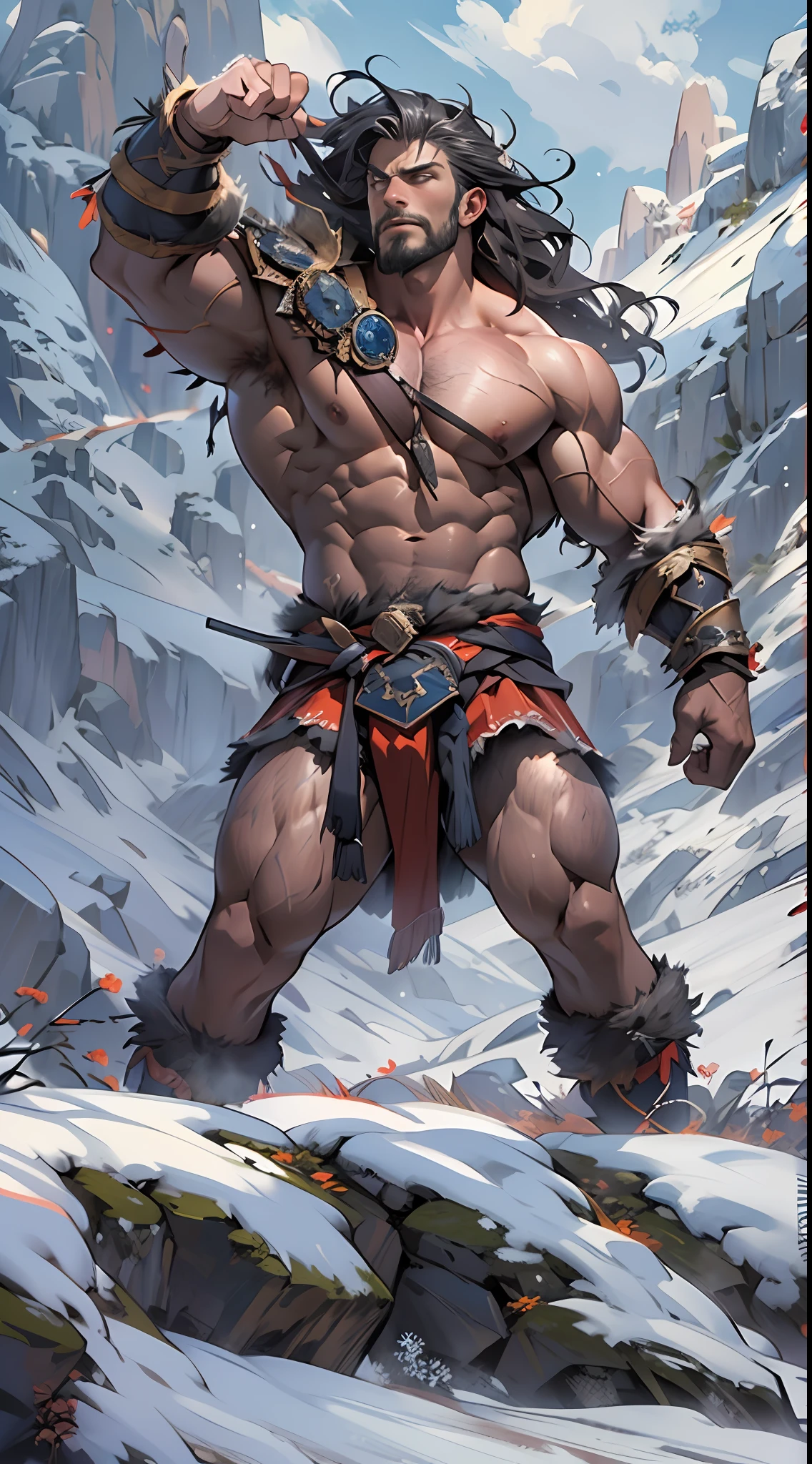 Mighty warrior, shirtless upper body, legs exposed from thighs to feet, cascading long curls, detailed muscular physique, lifelike depiction, 4K resolution. Background: Snow-covered mountain peak,32k uhd, best quality, masterpiece, super detail, high details