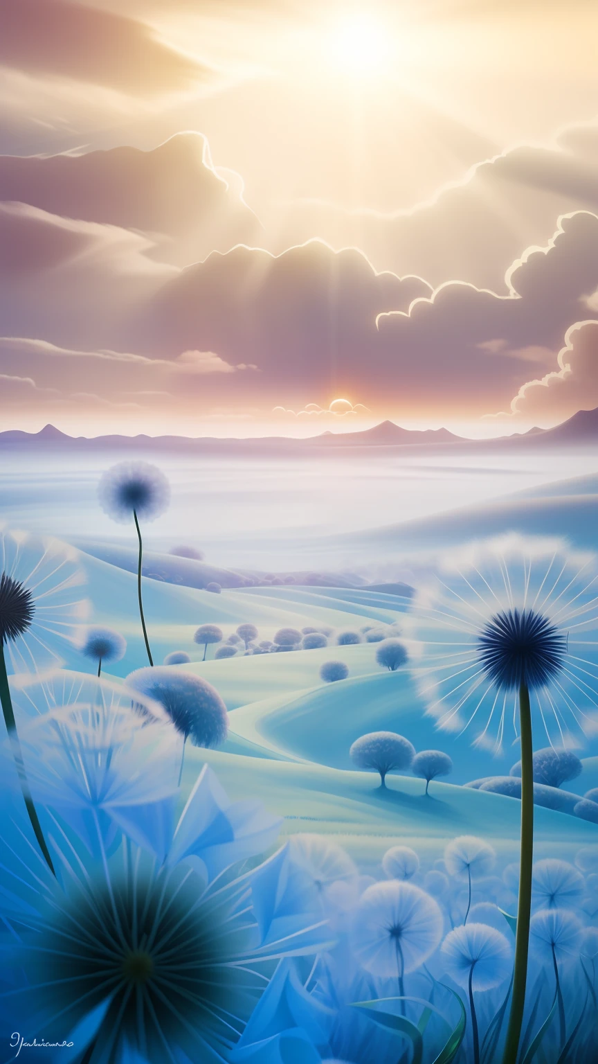 There is a picture of a beautiful landscape,There are dandelions in the foreground, a surreal dream landscape, in a surreal dream landscape, surreal dream landscape, epic dreamlike fantasy landscape, ethereal landscape, surreal dreamscape, surreal waiizi flowers, Dreamy landscape, mystical fantasy landscape, The wind blows through the dandelion, fantasy sea landscape, surreal frozen landscape, dream landscape, Surreal background