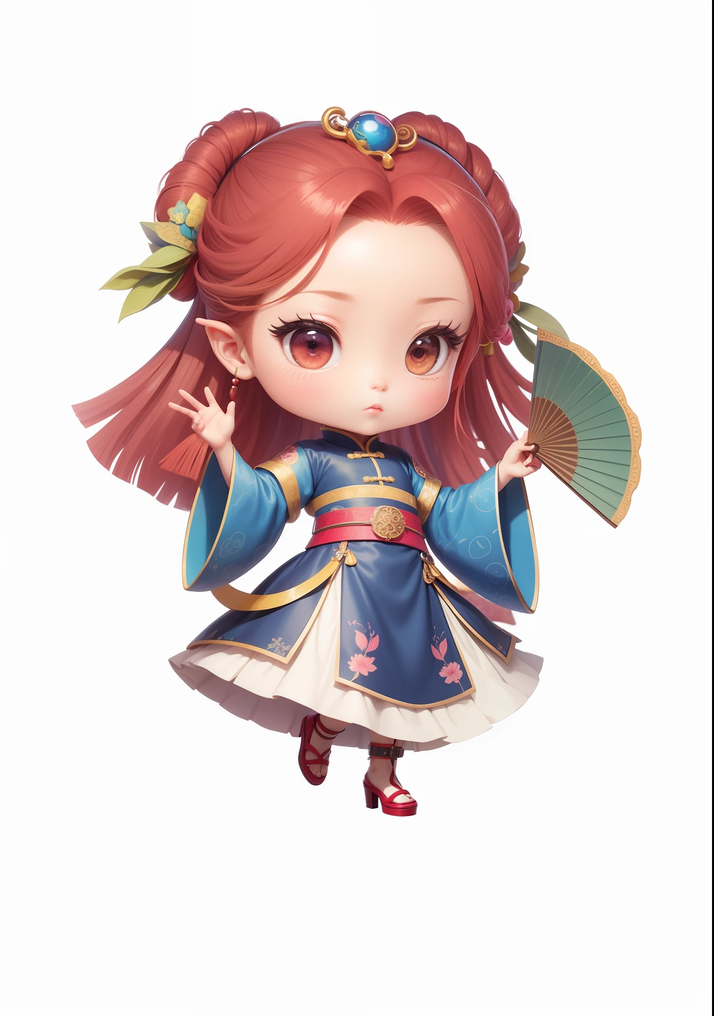 Chibi anime characters,China-style,Chinese-style clothing,Chinese shoes,Beautiful pattern on the fan,Fine drawing,Fine painting,Refinement,infinite details,high definition detail,Delicate belt,Patterned,Pattern,Blank background,Bright colors,Metal edging,Bright colors