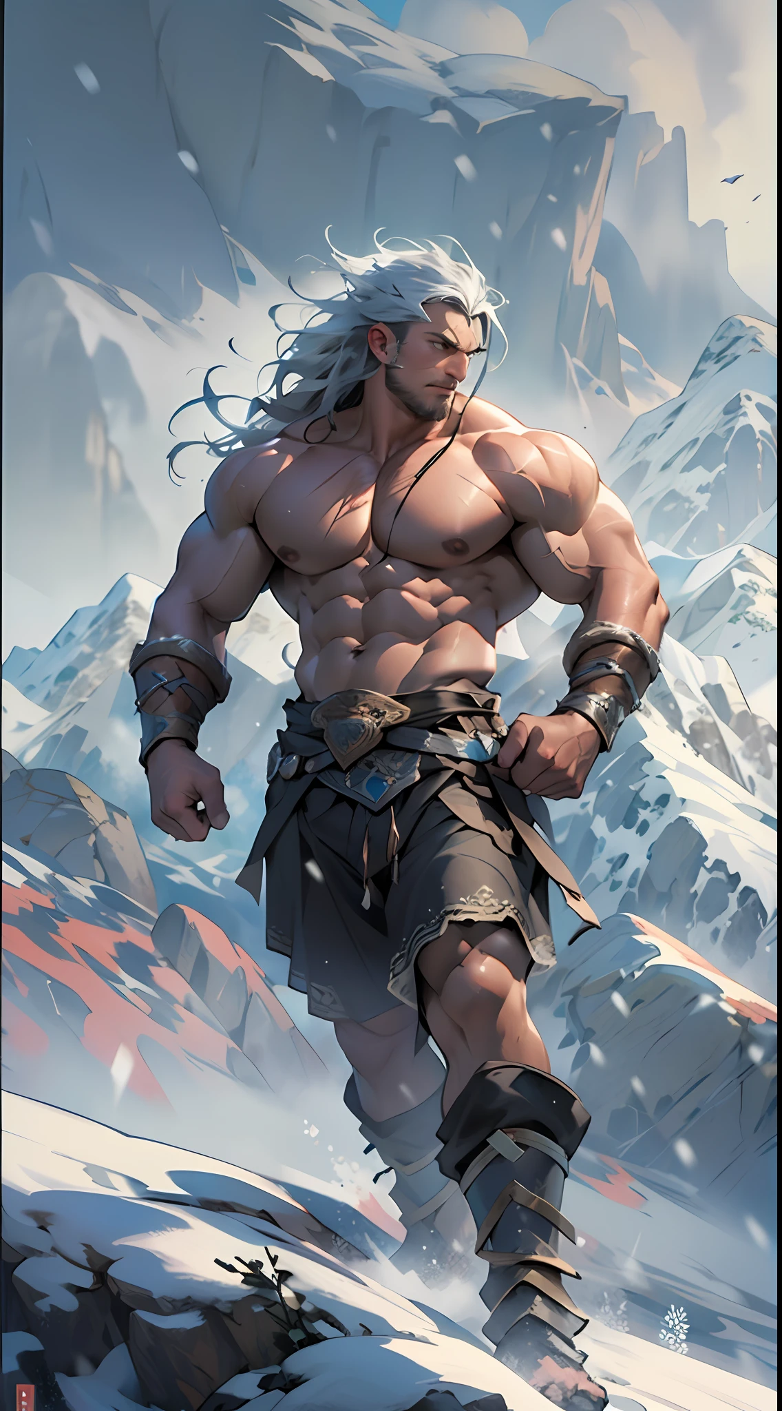 Mighty warrior, shirtless upper body, legs exposed from thighs to feet, cascading long curls, detailed muscular physique, lifelike depiction, 4K resolution. Background: Snow-covered mountain peak,32k uhd, best quality, masterpiece, super detail, high details