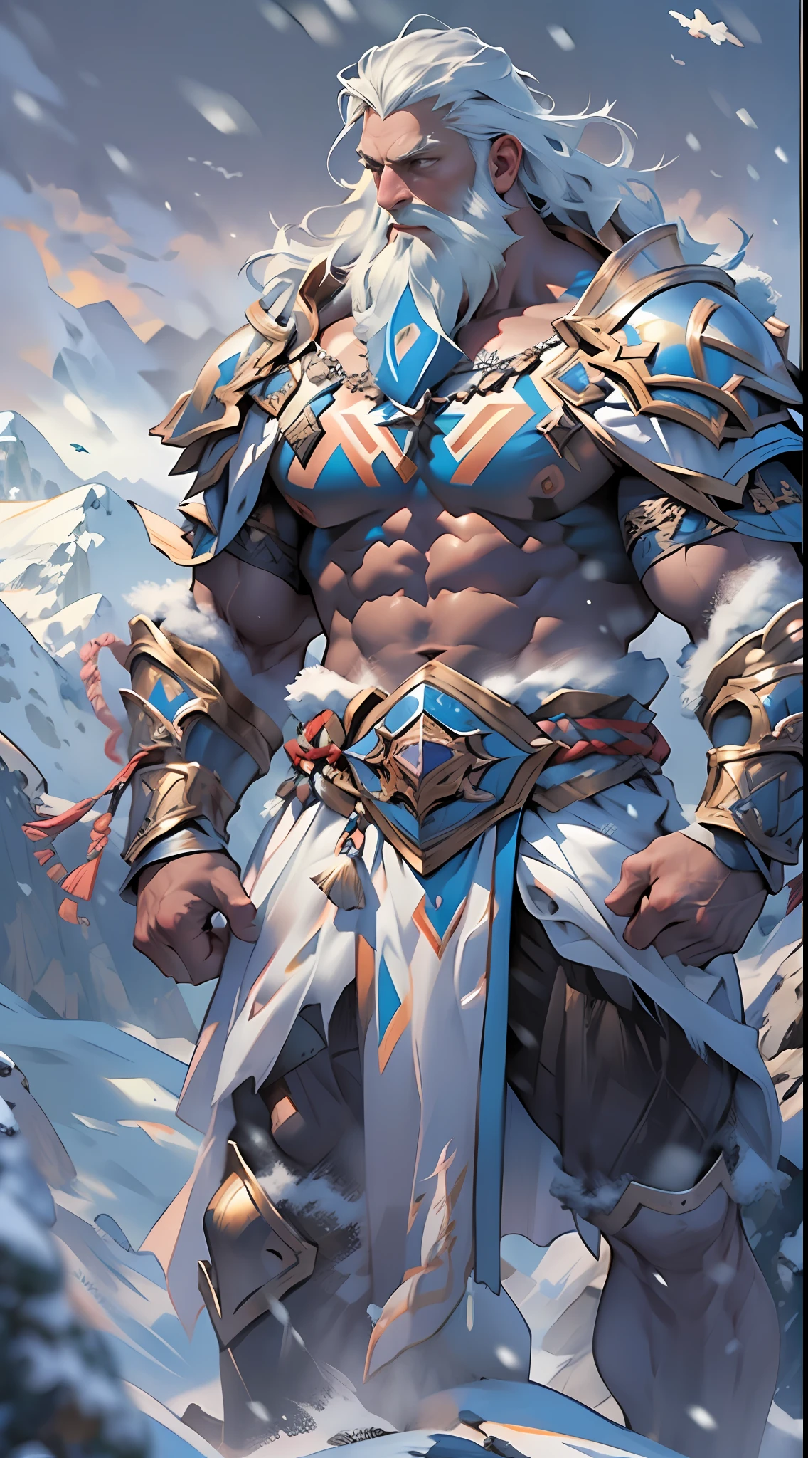 Mighty warrior, shirtless upper body, legs exposed from thighs to feet, cascading long curls, detailed muscular physique, lifelike depiction, 4K resolution. Background: Snow-covered mountain peak,32k uhd, best quality, masterpiece, super detail, high details