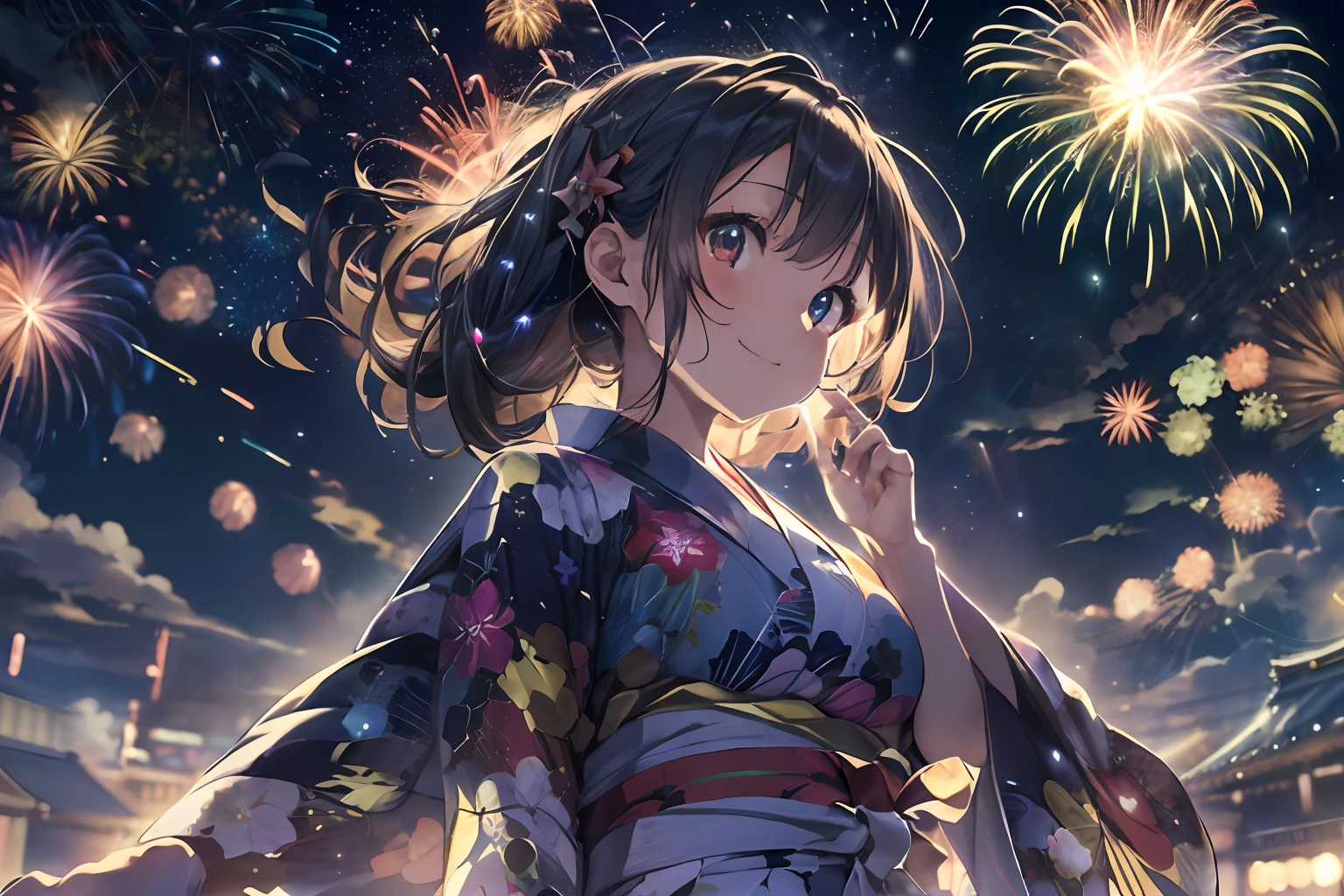 Beautiful Japan girl yukata、(Fireworks in the vast night sky),(top-quality、8K、32K、​masterpiece、nffsw:1.3)、(Photorealsitic:1.4)、Raw photography、a smile、hair adornments,Elegant Pose、skyrocket、Fireworks glare、depth of fields、lensflare、accurate hands