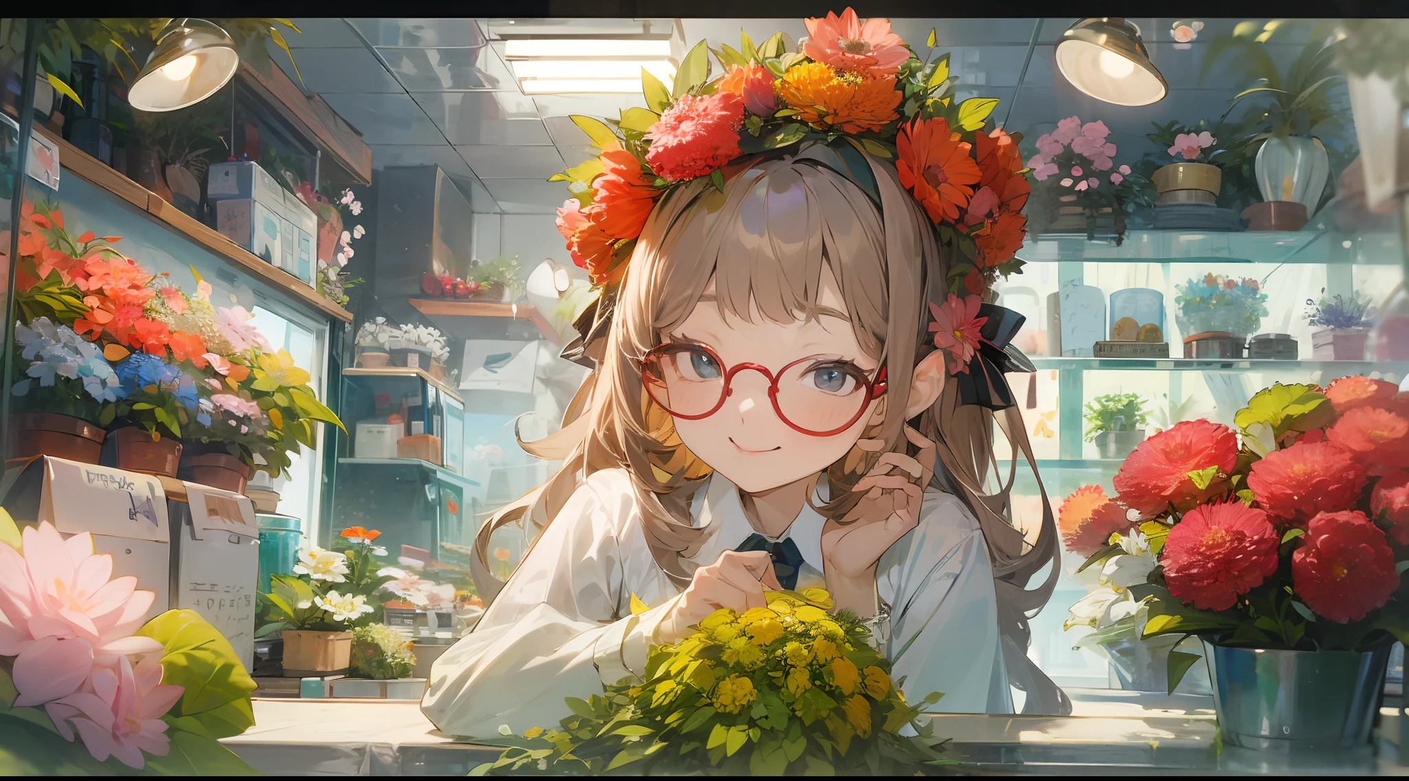 Best Quality、超A high resolution、fullllbody、Girl working in a flower shop、Making a bouquet、 Red glasses、A smile