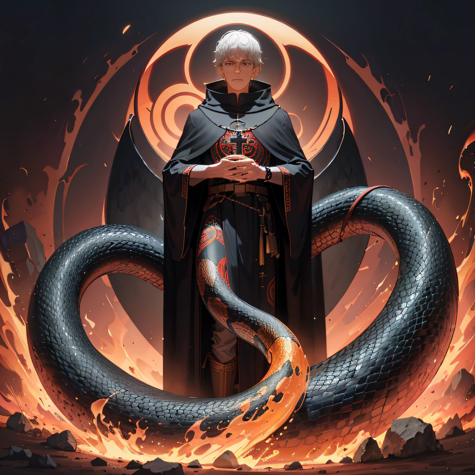 A closeup of St. Benedict standing in front of a fire and a snake, Directed by: Adam Marczyński, Directed by: Tadeusz Pruszkówski, Rainha escura das cobras, Guilherme H. Pongiluppi, arte fantasia behance, Governante do Inferno, Wojtek FUS, metabaron, Beeple e Jean Giraud