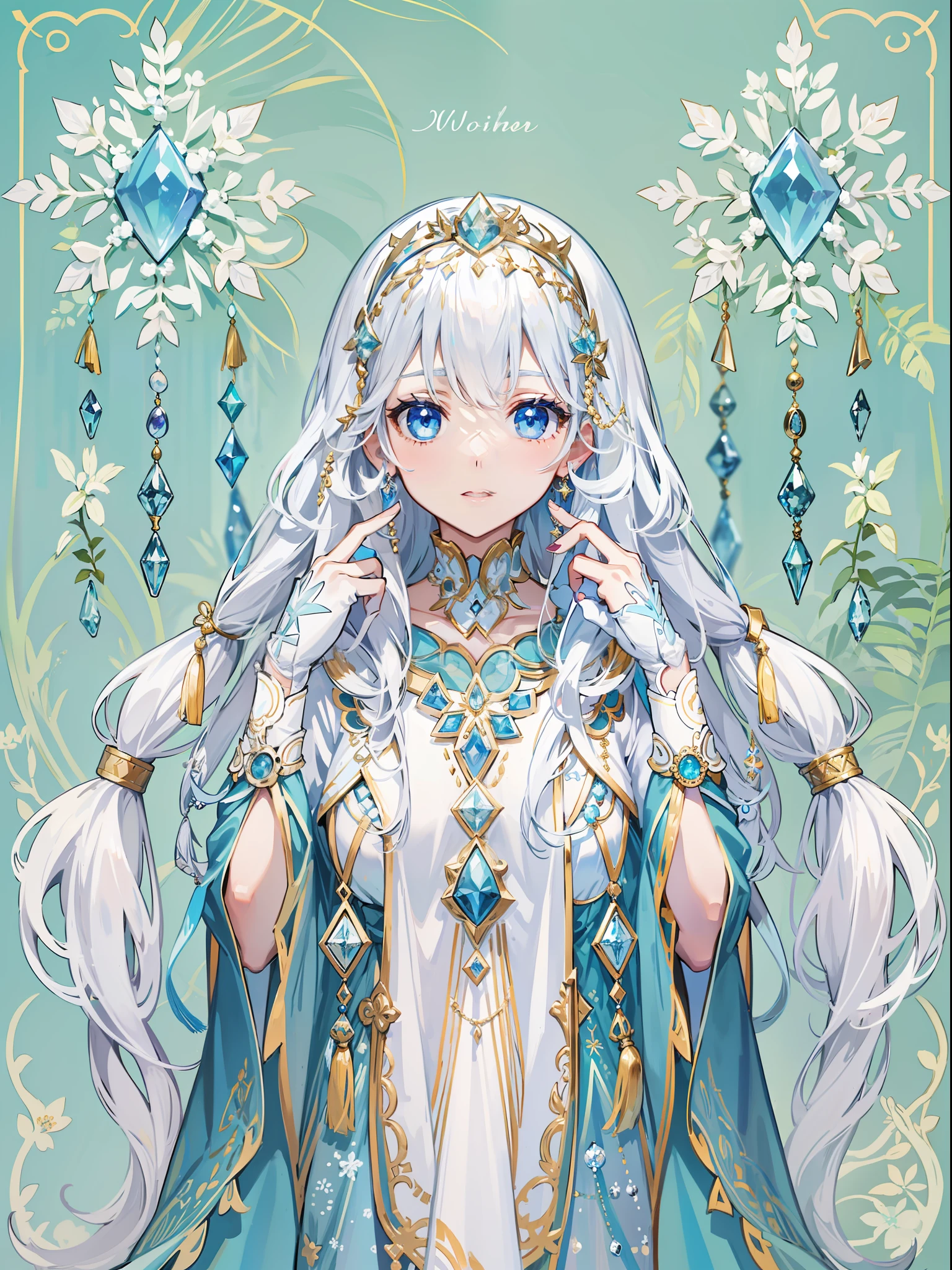 s girl,Decoration with fantastical elements,long whitr hair,Ice-like blue eyes,White skin,Wear jewelry with gemstones or ice crystals,The clothes have some tassel decorations,divino