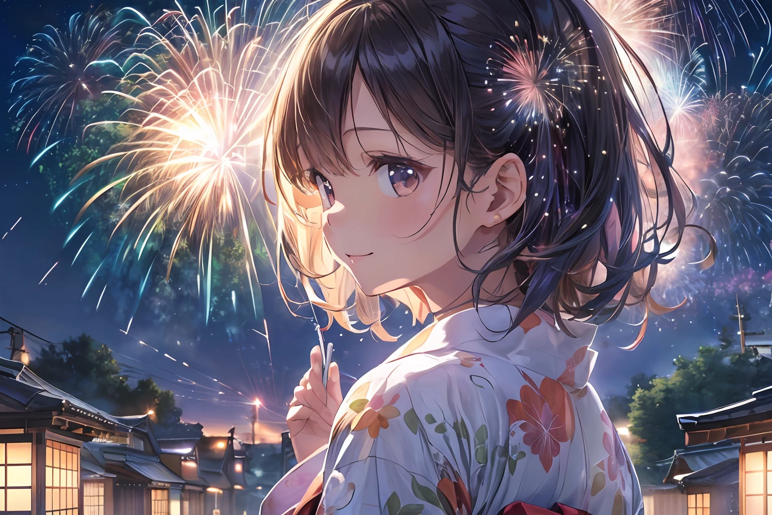 Beautiful Japan girl yukata、(Fireworks in the vast night sky),(top-quality、8K、32K、masterpiece、nffsw:1.3)、(Photorealsitic:1.4)、Raw photography、lite smile、hair adornments,Elegant Pose、skyrocket、Fireworks glare、depth of fields、lensflare、accurate hands