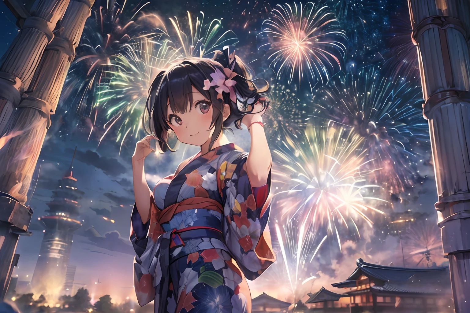 Beautiful Japan girl yukata、(Fireworks in the vast night sky),(top-quality、8K、32K、masterpiece、nffsw:1.3)、(Photorealsitic:1.4)、Raw photography、lite smile、hair adornments,Elegant Pose、skyrocket、Fireworks glare、depth of fields、lensflare、accurate hands