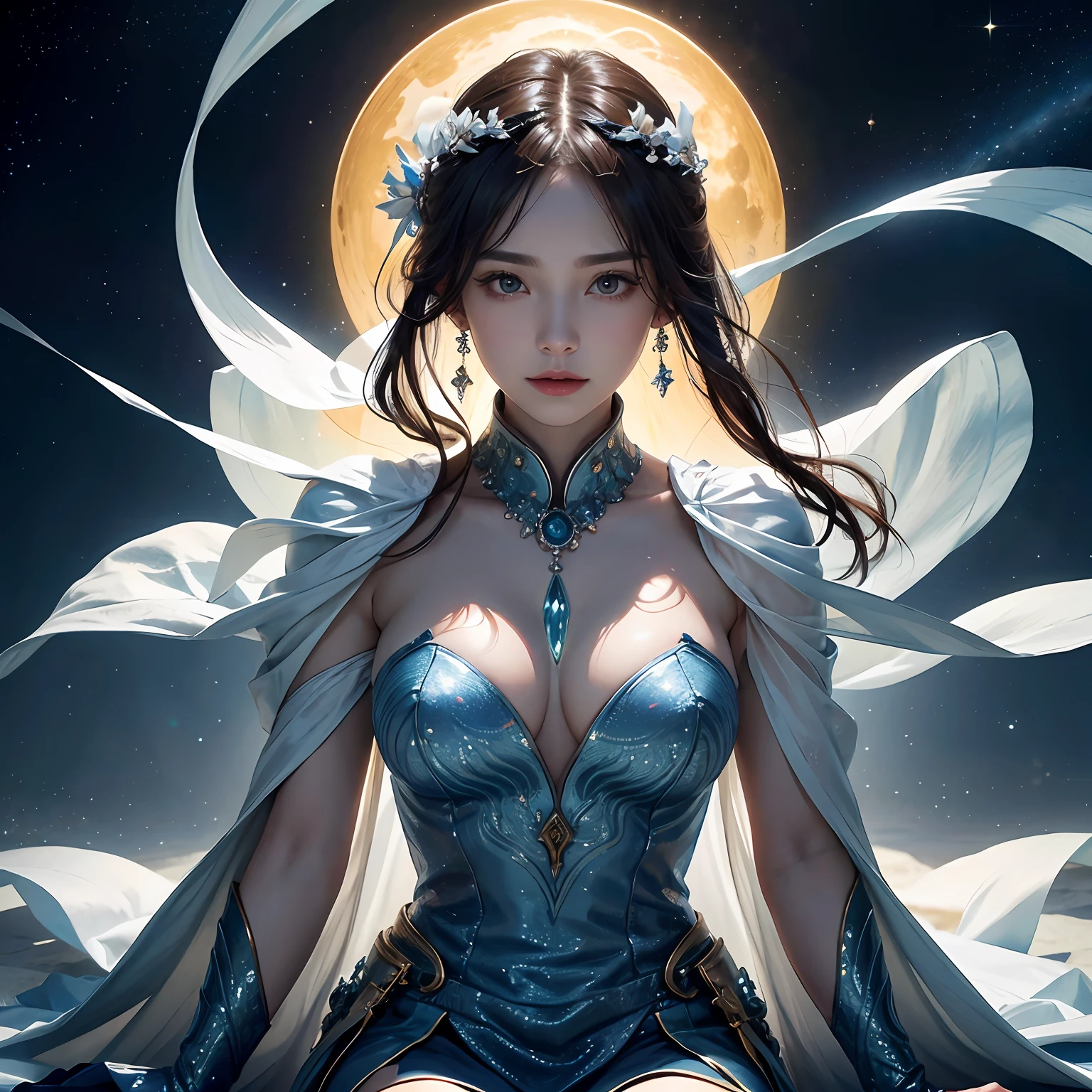 超高分辨率, best qualtiy, photore, 16k, tmasterpiece:1.3,(realisticlying: 1.2), cinmatic lighting, Woman in the shape of a mythical god。It depicts the god holding the sun and moon,((Dynamic background),radiating with light,Aura shrouded),(dynamicposes),Cast magic,Sit on the crystal),Float on the crystal in a bright white cape,Ultimate face,(afloat:1.3),cosmic starry sky,stunning detailed, 64k resolution,for an immersive and realistic visual experience。Let your work capture the essence of myth and wonder,leaving viewers in awe of its beauty and power。