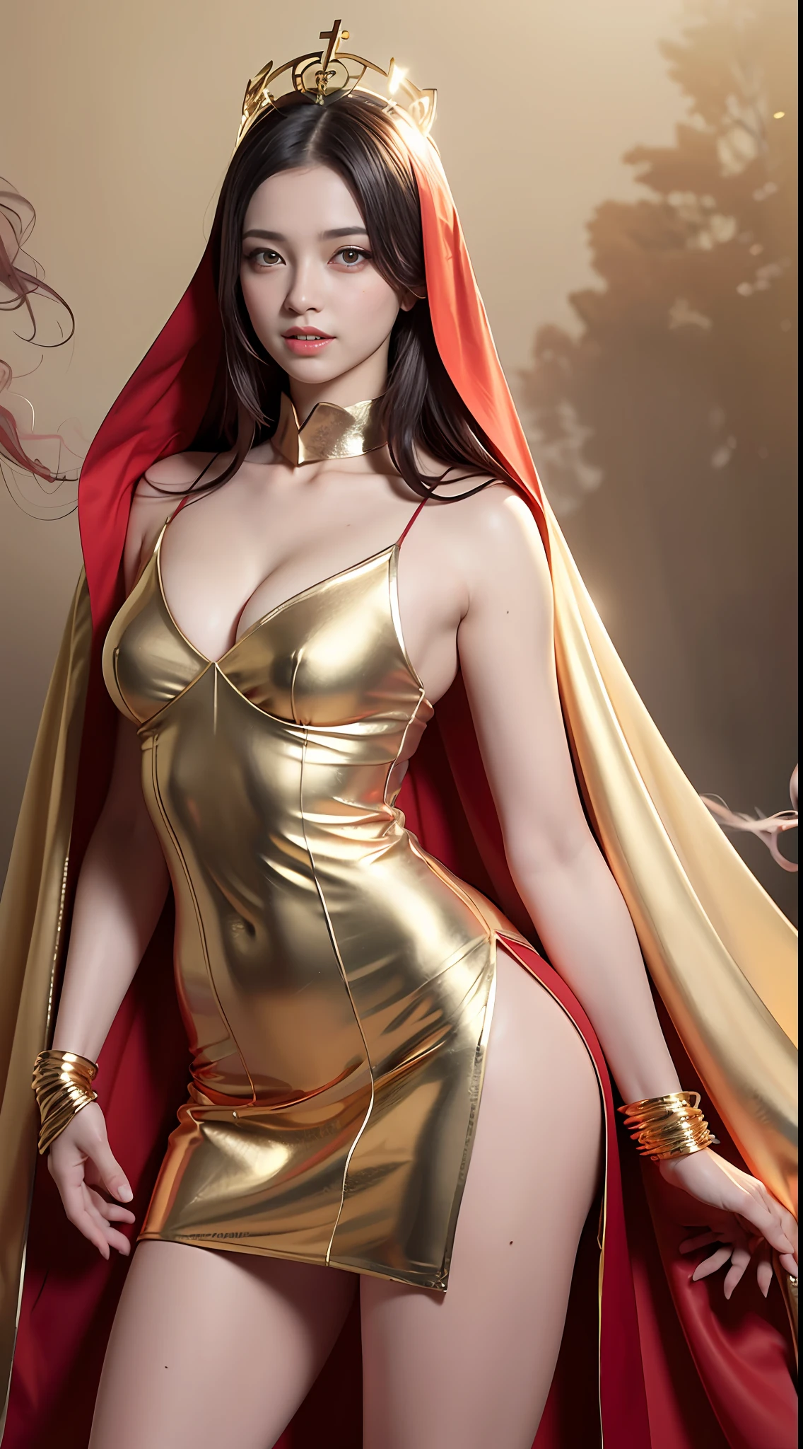 1 beautiful 27-year-old saint, charming adult saint in a long dress made of thin silk, flawless beautiful face, wearing a thin multicolored silk dress, (((Natural smile:1.0))), ((flat bangs:0.5)), (((platinum long hair:0.8))), big crown, hair brooch, hanfu dress, fanciful hanfu style, full body jewelry, forehead tattoo, super even chest, woman face, beautiful and pretty face, ((even porcelain teeth: 0.8)), The most beautiful and detailed light red lipstick, super flat big breasts, ((Thin plump lips:0.3)), ((Golden Eyes color:1.6), Detailed and delicate lighting effects, light and dark, dramatic lighting, magical light, extremely detailed light, true color, super sharp, realistic, 8k quality, fantasy universe background, saints and magical space, the most detailed images, ((Solo:0.3)), ((a saintess:0.6)), ((looking directly at the saint's upper body:0.4)), upper body, ((smooth skin:0.5)), ((the holy woman's veil:1.2)), ((solo:1.3)), ((alone girl:1.3)), female saint portrait, short images, Upper body portrait, (((open mouth:0.6))), Digital Realistic, ((fanciful red smoke effect:1.2)),