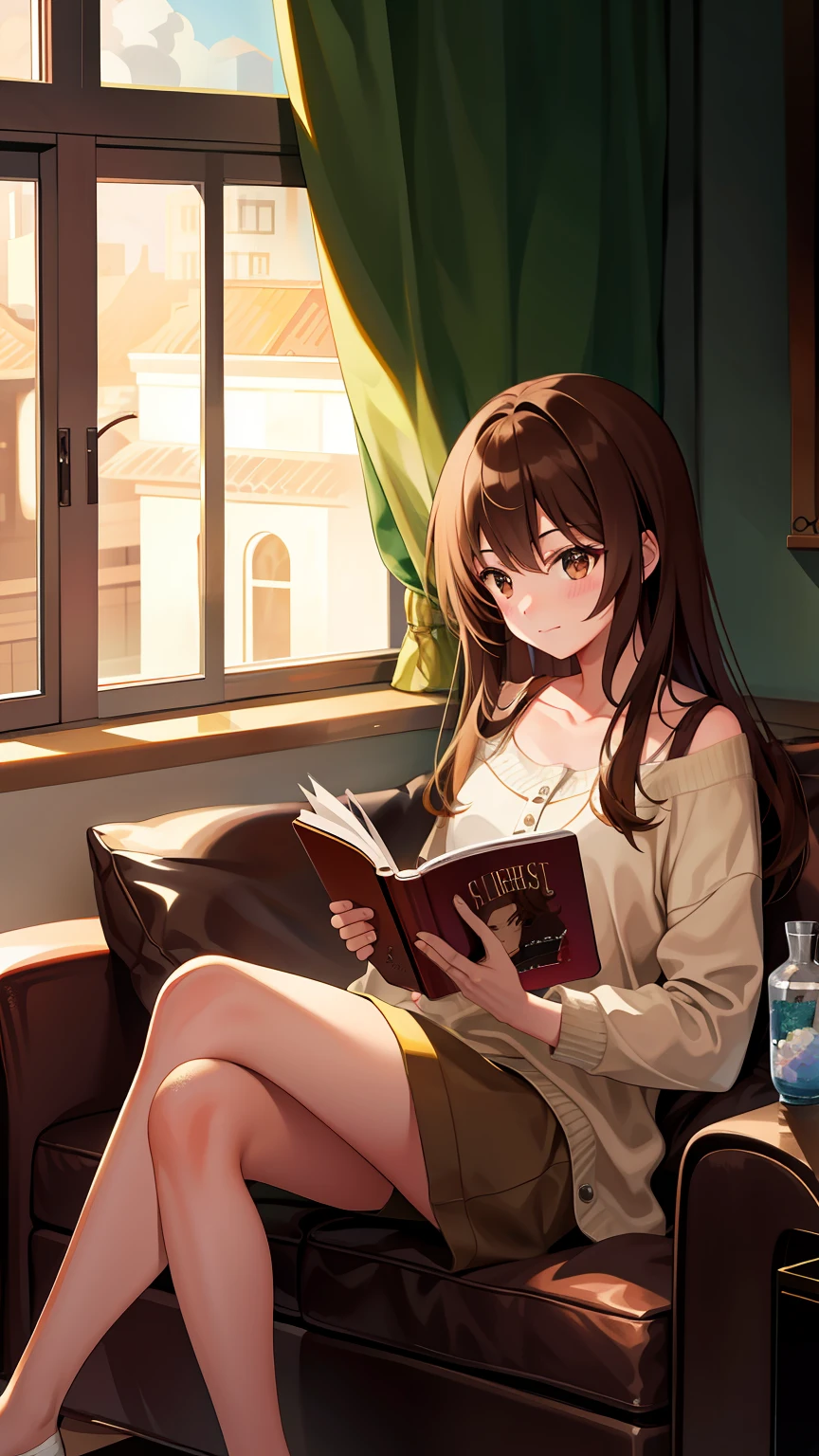 tmasterpiece， （（（best qualtiy）））， （（A high resolution））， Girl sitting on sofa reading a book