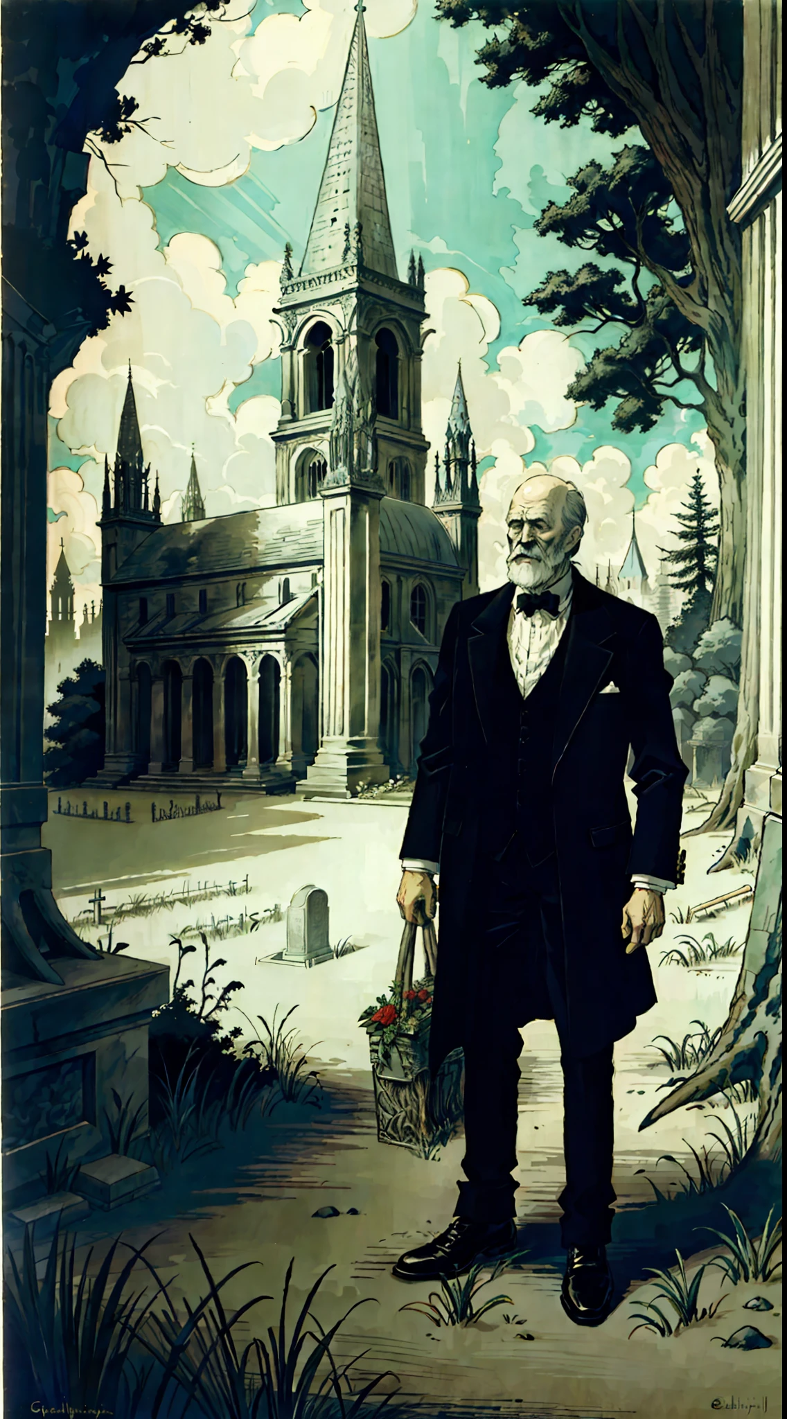 An elemental cryptid in an enchanting cemetery by Edward Gorey and Fritz Bleyl, dark