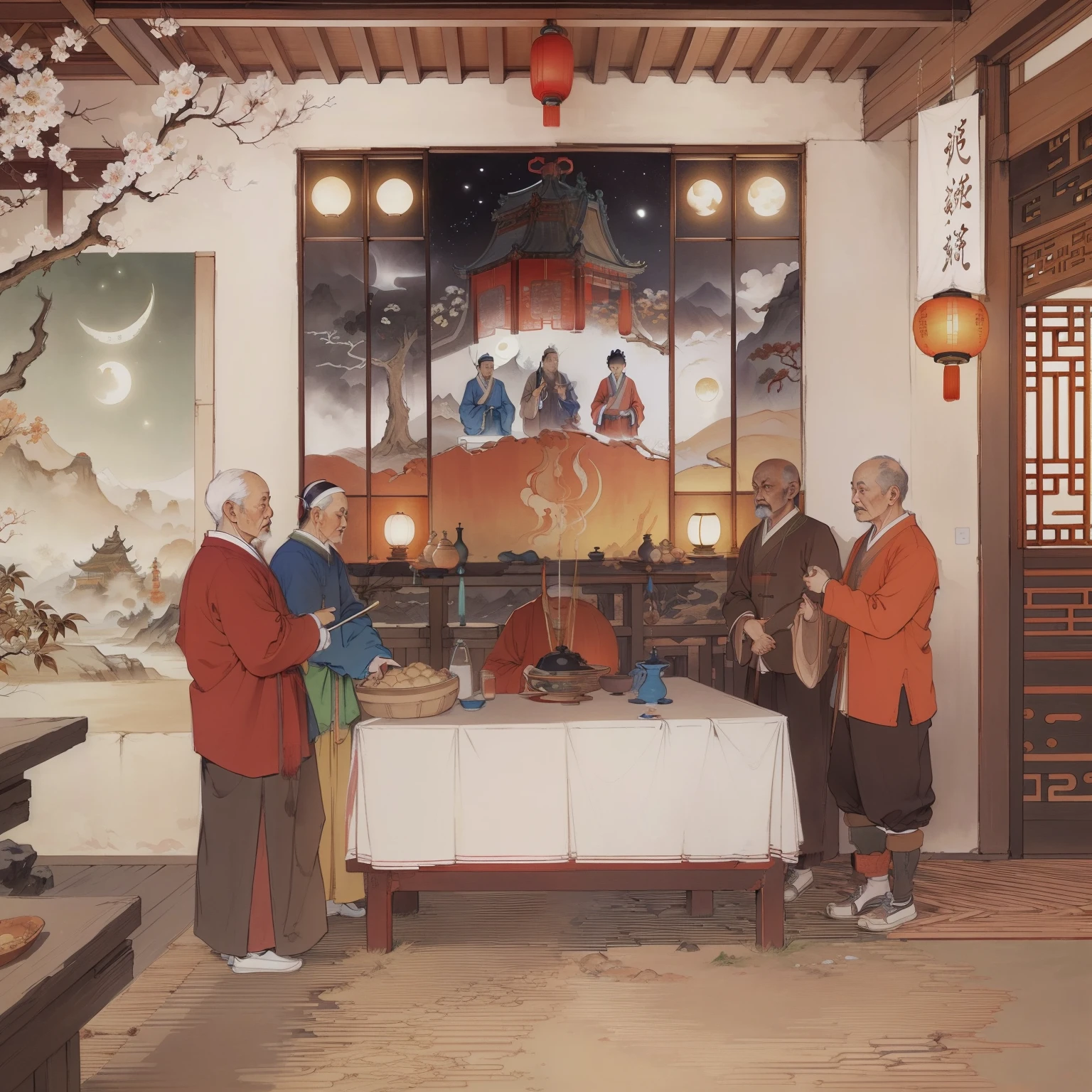 Ancient Chinese landscapes,Ancient buildings,Pavilions,Carved beams and paintings,enchanting scenery,Night,Moon light,Layered, Rich light and shadow,Mid-Autumn Festival, Ink painting style,clean color,Low-saturation colors,Colors of low brightness,Decisive cut,Leave white space,impressionistic,tmasterpiece,ultra - detailed,Epic composition, HighestQuali,hyper realisitc,Art germ --v 6