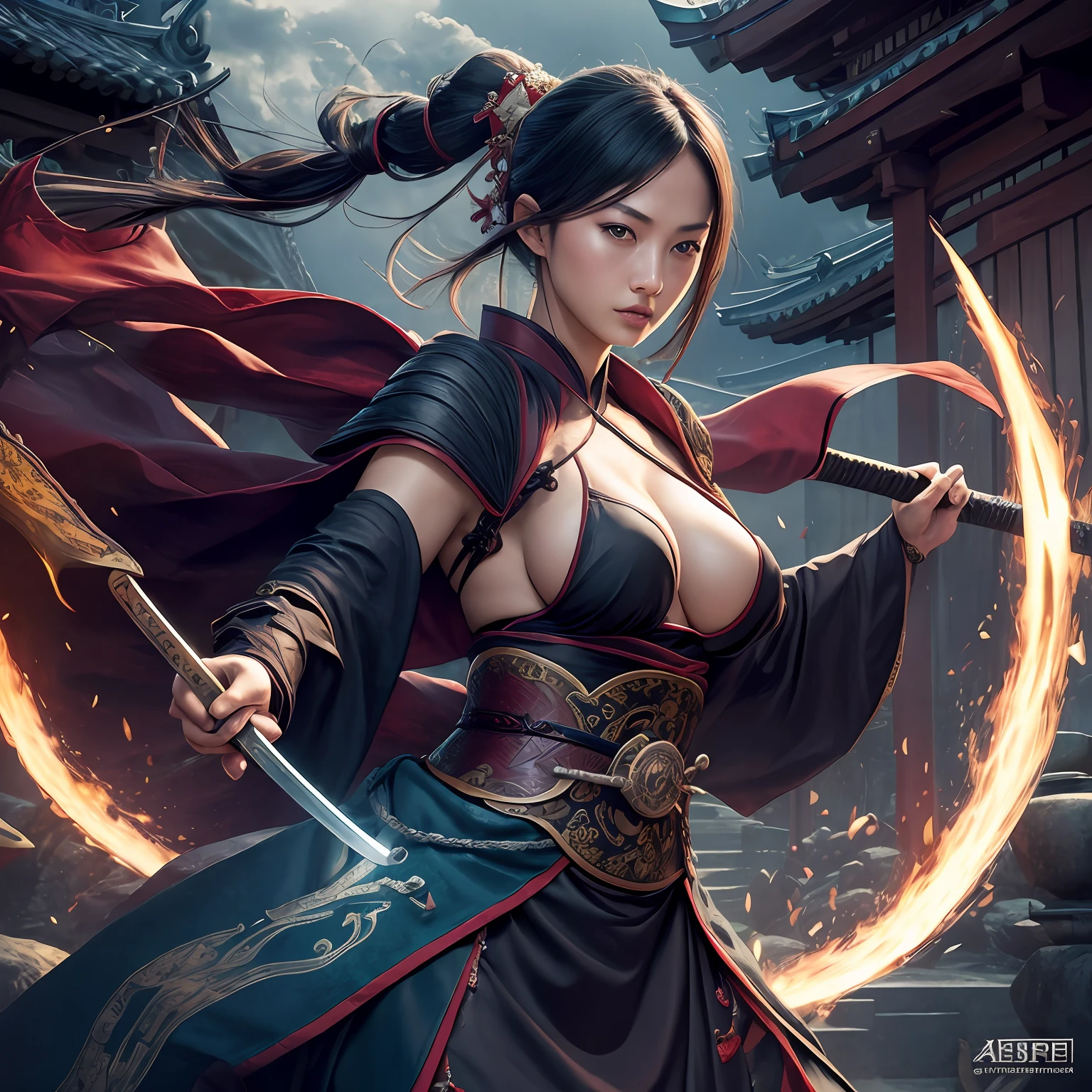 Best quality,masterpiece,ultra high res,(photorealistic:1.4),xiuxian,weapon,Detailed face, 1girl,solo, katana weapon, cleavage,(magic circle:1.2),xiuxian,Beautiful girl, full body, oni mask, east asian architecture,sheath,architecture, samurai, japan, small boobs, fantasy, high quality, ultra detailed in 4k, 8k, high resolution, fantasy coverart style, fantasy japan medival, sharp focus, depth of field.