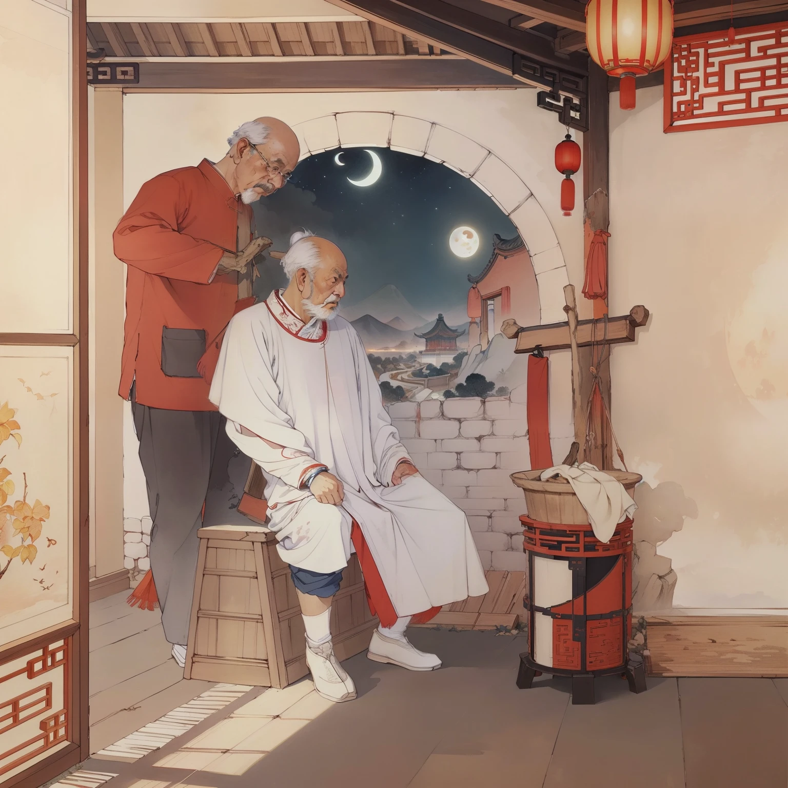 Ancient Chinese landscapes，Ancient buildings，Pavilions，Carved beams and paintings，enchanting scenery，Night，Moon light，Layered, Rich light and shadow,Mid-Autumn Festival, Ink painting style，clean color，Low-saturation colors，Colors of low brightness，Decisive cut，Leave white space，impressionistic，tmasterpiece，ultra - detailed，Epic composition,  HighestQuali，hyper realisitc，Art germ --v 6