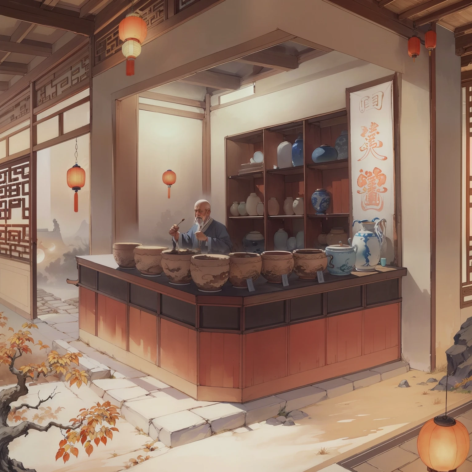 Ancient Chinese landscapes，Ancient buildings，Pavilions，Carved beams and paintings，enchanting scenery，Night，Moon light，Layered, Rich light and shadow,Mid-Autumn Festival, Ink painting style，clean color，Low-saturation colors，Colors of low brightness，Decisive cut，Leave white space，impressionistic，tmasterpiece，ultra - detailed，Epic composition,  HighestQuali，hyper realisitc，Art germ --v 6