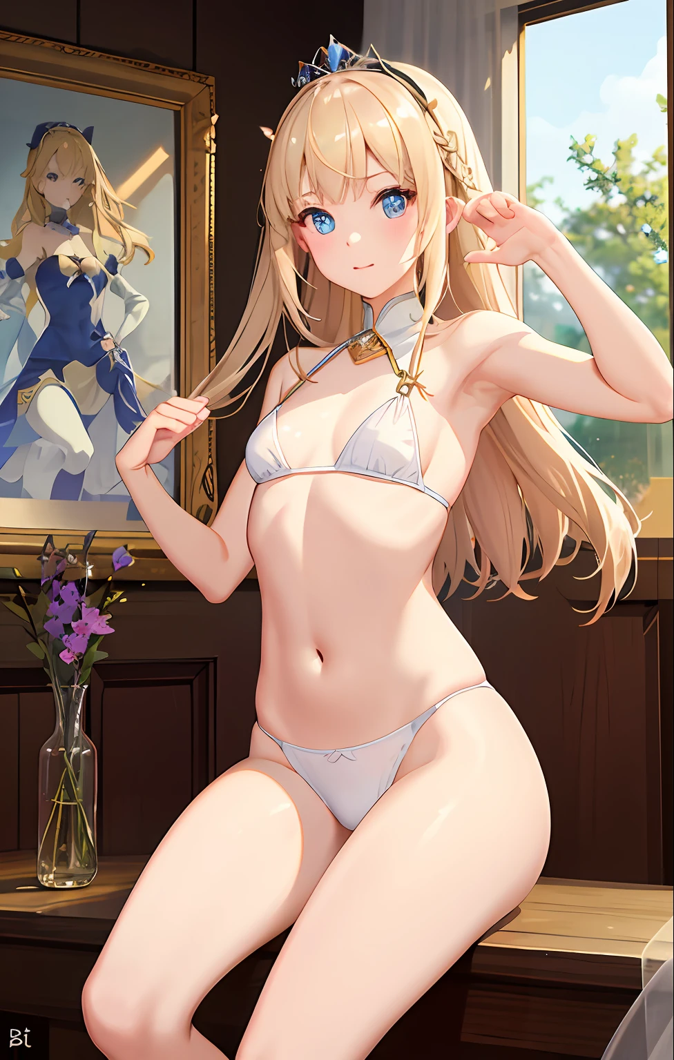 (realisitic: 1.4), (masterpiece, side lights, Fine and beautiful eyes: 1.2), masterpiece*portlate、realisitic, 3D 顔, Luminous Eyes, Shiny hair, Skin falls out, 独奏、embarrassed from, (upper abdominals), White underwear, (small tits)、blonde hair、(A Princess)