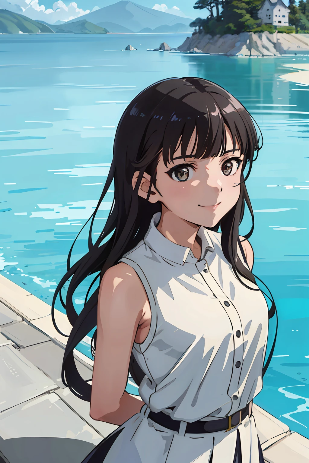 (highres, best quality:1.2), 1girl, radiance, soft contours, beautiful drawing, upper body, concept art, eyelashes, kyoani hyouka style, detailed background, bright colors,
sakamoto mio, black long hair, sleeveless shirt, smile,
arms behind back, outdoors, ocean,