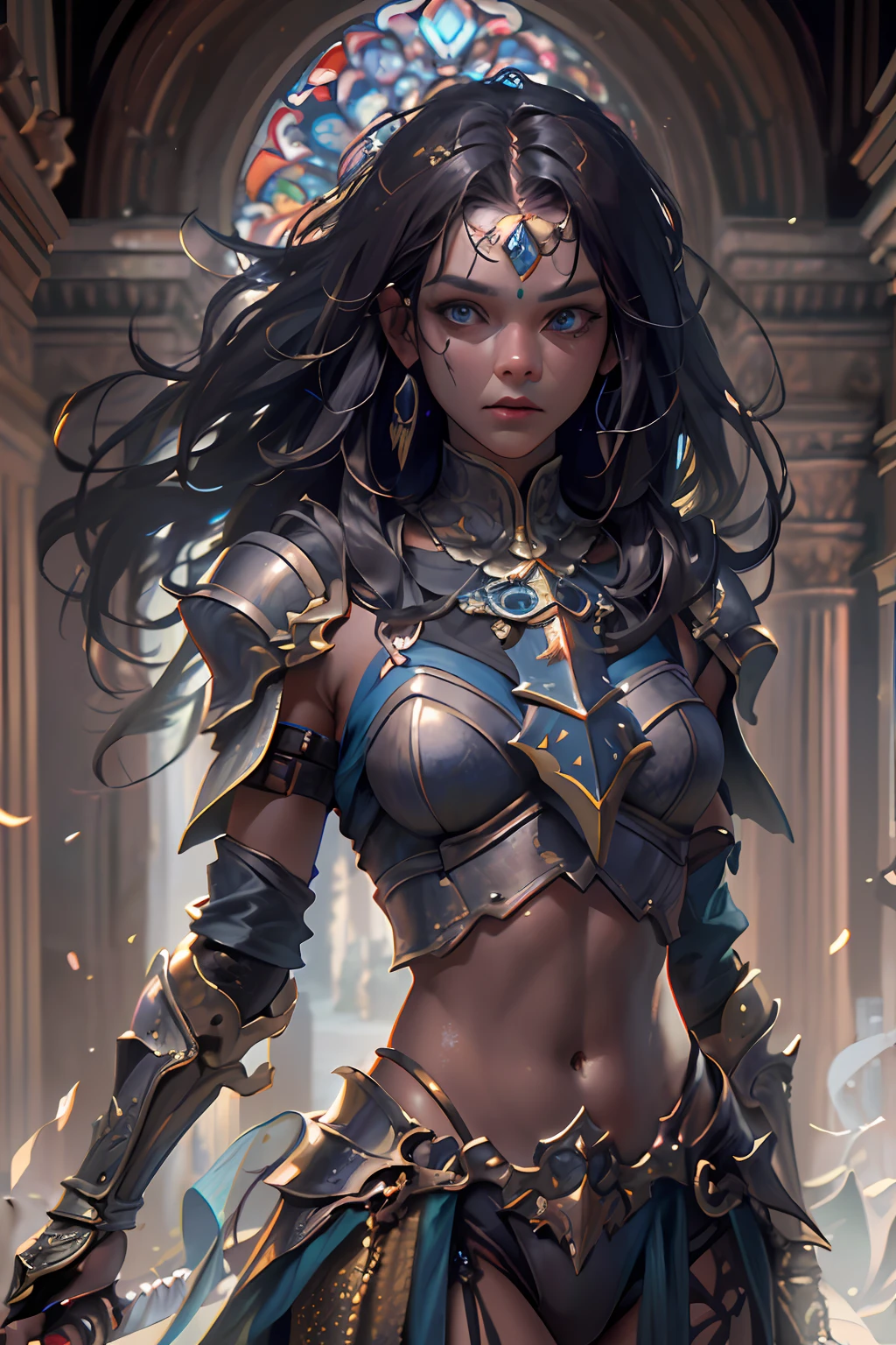 arafed, high details, best quality, 8k, [ultra detailed], masterpiece, best quality, (extremely detailed), dynamic angle, ultra wide shot, RAW, photorealistic, fantasy art, dnd art, rpg art, realistic art, a picture of female human holy warrior,  warrior of god, full body, ultra detailed face (1.5) [[anatomically correct]] dynamic position (1.5 intricate details, Masterpiece, best quality) in dark fantasy cemetery (1.5 intricate details, Masterpiece, best quality), woman wearing bright armor, heavy armor (1.4 intricate details, Masterpiece, best quality), armed with epic sword, epic holy sword, radiant sword, sword sheds bright ligh(1.3, masterpiece), purple cloak (1.3, masterpiece) holy symbol with [bright aura] (1.4), long hair, dark hair, green eyes intense eyes, dark cemetery background (1.5 intricate details, Masterpiece, best quality) dread atmosphere (1.6),  god rays, divine rays (1.4 intricate details, Masterpiece, best quality), dynamic angle, (1.4 intricate details, Masterpiece, best quality) 3D rendering, high details, best quality, highres, ultra wide angle@EG1