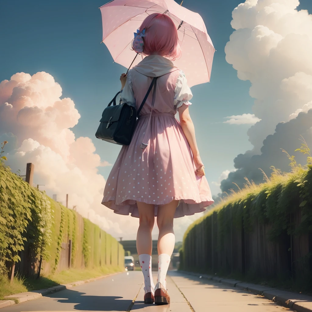 fluffy clouds、Gentle colors、Bouncing polka dots、Back view of pink-haired girl holding umbrella