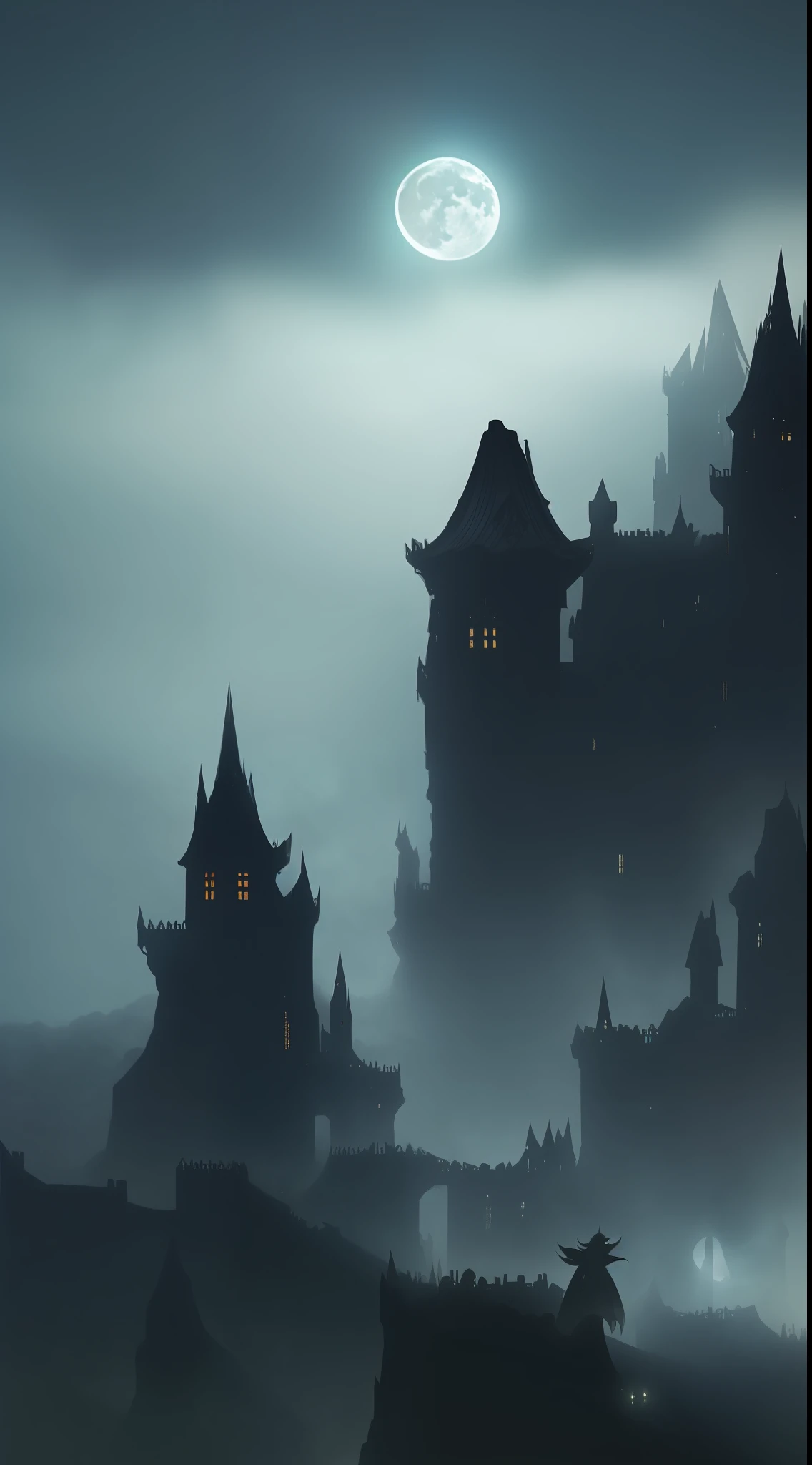 Moonlit Night Fantasy Fortress,Mysterious and dark,Clear and detailed image quality,Charming shots,Soft lighting,Great details,Transparent starry sky,Unique architecture,Blinking lights,Active character action。