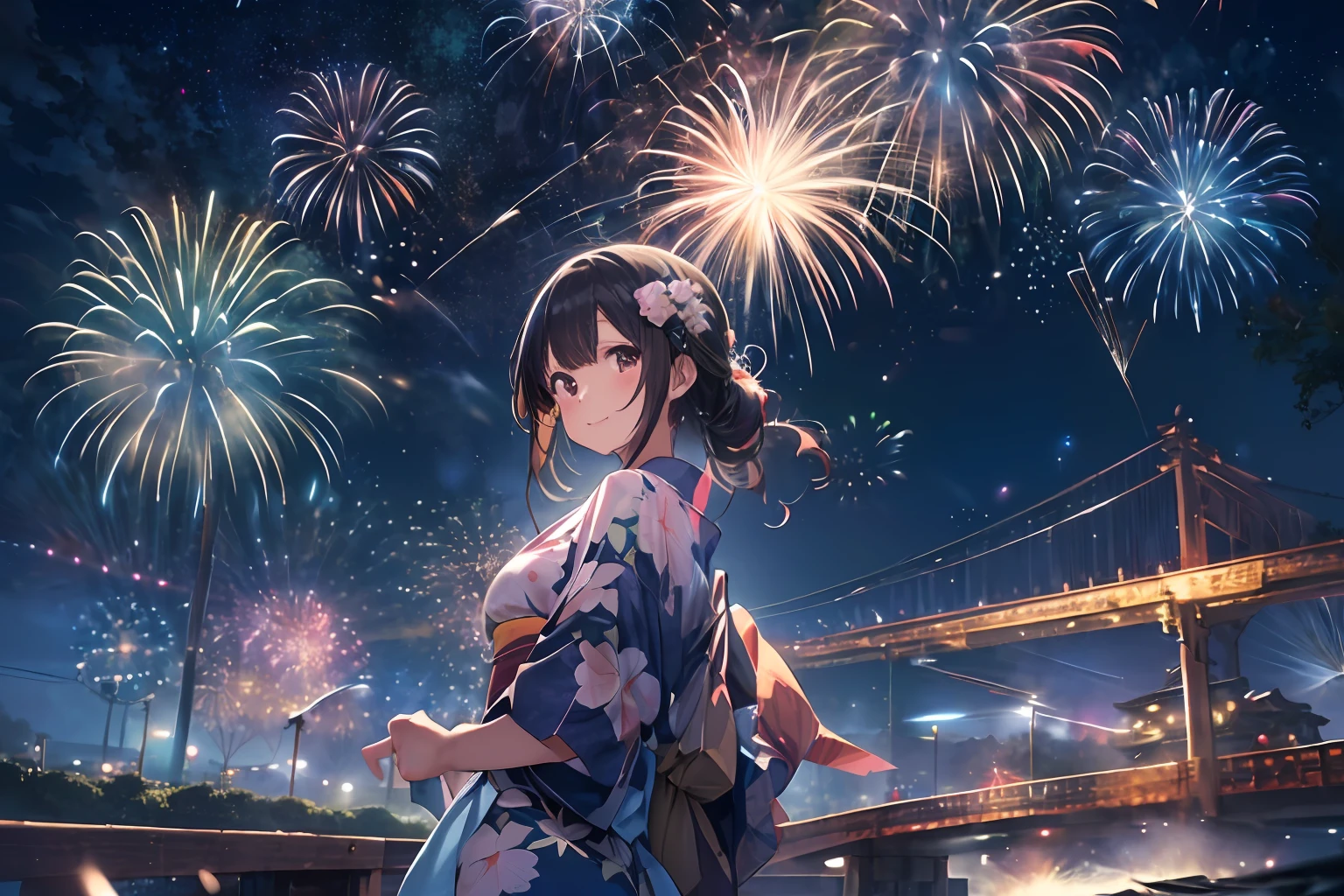 Beautiful Japan girl yukata、(Fireworks in the vast night sky),(top-quality、8K、32K、masterpiece、nffsw:1.3)、(Photorealsitic:1.4)、Raw photography、lite smile、hair adornments,Active Pose、skyrocket、Fireworks glare、depth of fields、lensflare、accurate hands