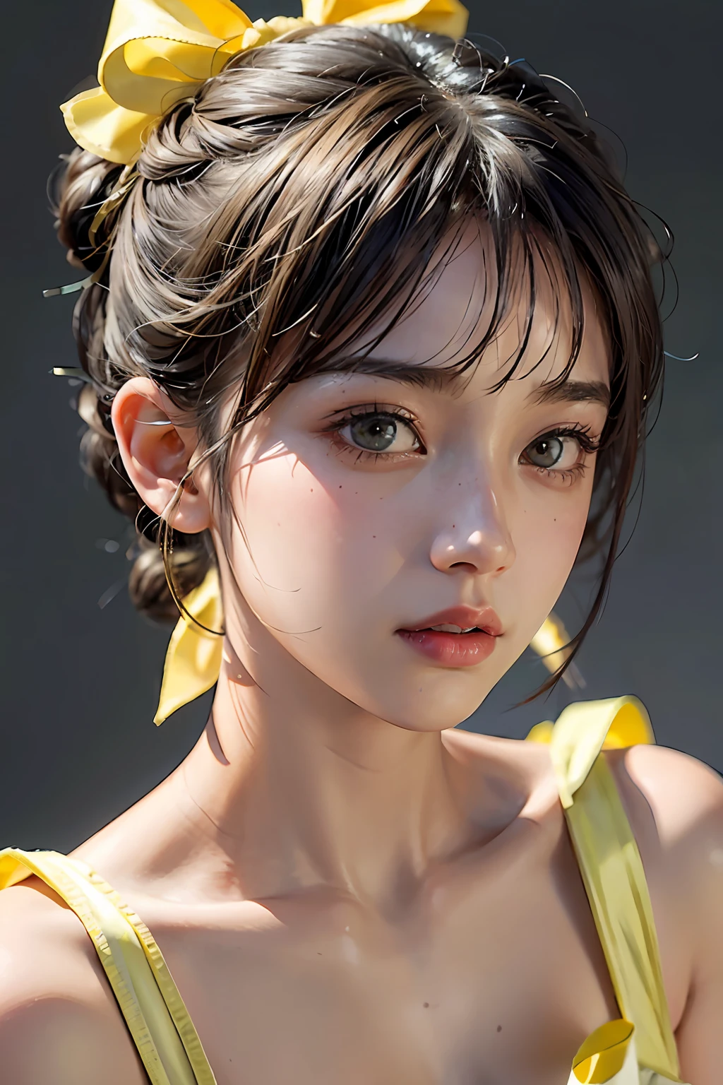 A -yeld gi(high-top fade:1.3),Super short bangs,Lemon color matching,Bright ribbon,pastel colour,hight contrast,(Natural skin texture,ultra-realistic realism,the soft light,adolable),Two pointy buns